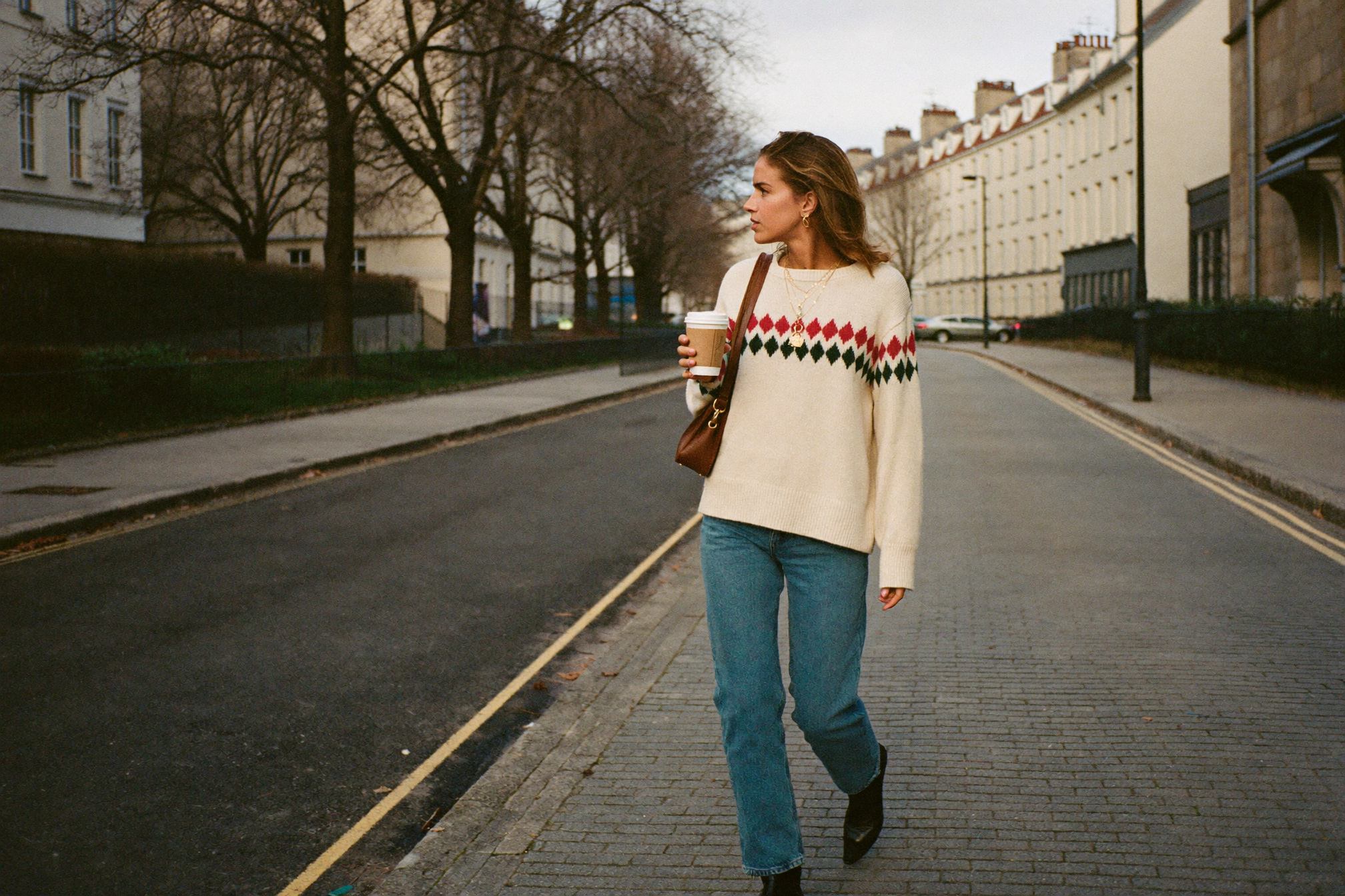 Knit and Loom hero desktop - a woman in a cream Fair Isle knit sweater and blue denim walking down a quiet European street on a cold October afternoon
