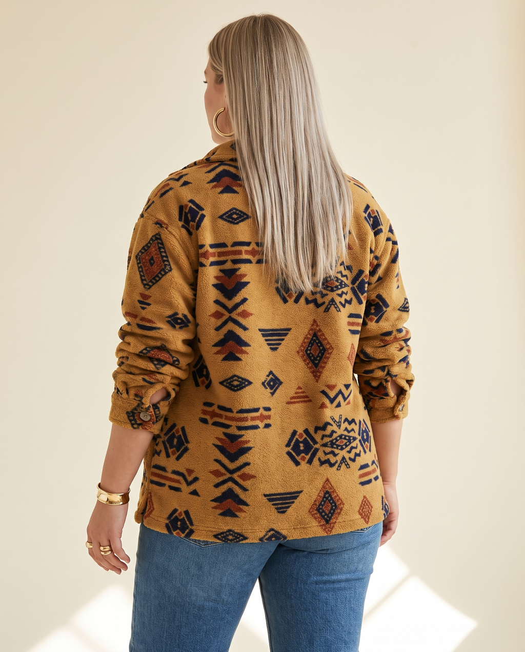 Aztec Shirt Jacket — back view, on a warm ivory studio backdrop
