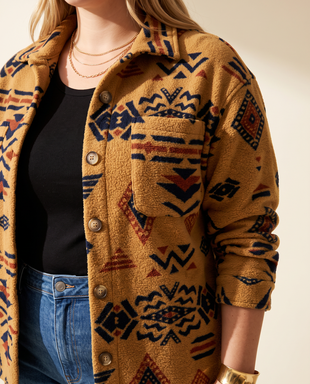 Aztec Shirt Jacket — knit detail, on a warm ivory studio backdrop