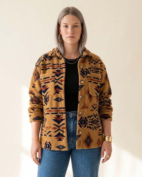 Aztec Shirt Jacket — worn by a model against a warm ivory studio backdrop