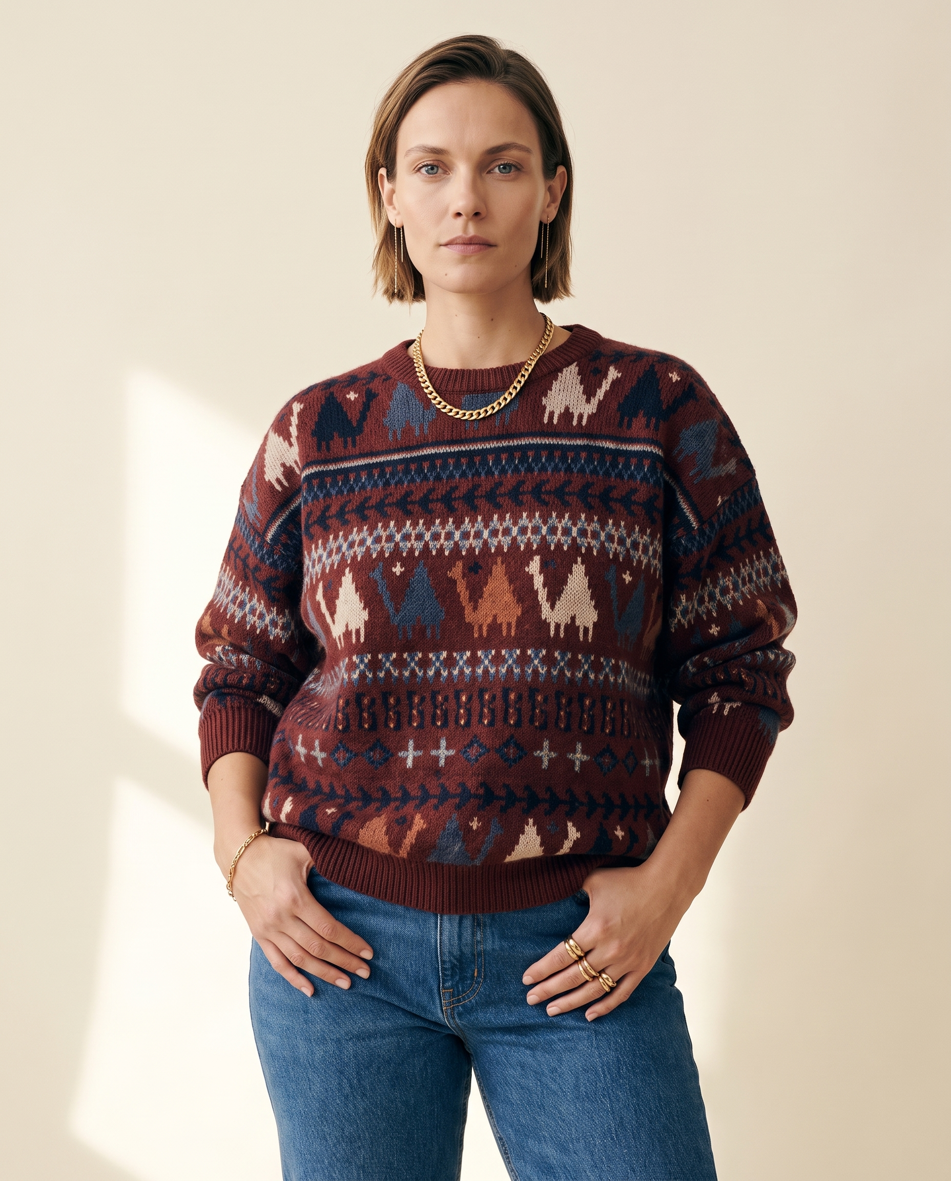 Folk Pattern Sweater — worn by a model against a warm ivory studio backdrop