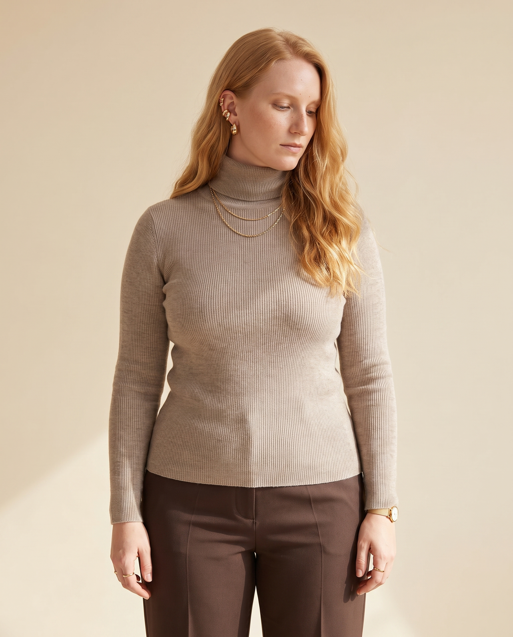 Fine Rib Roll Neck — worn by a model against a pale sand studio backdrop
