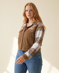Corduroy Plaid Jacket — worn by a model against a warm ivory studio backdrop