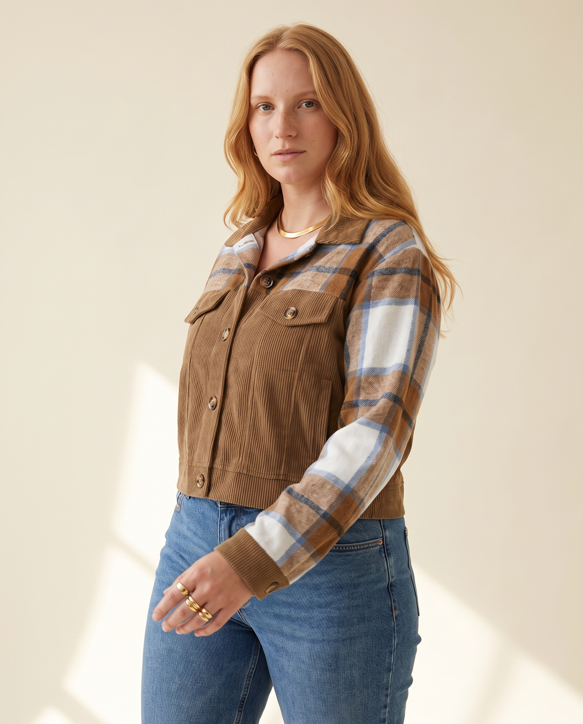 Corduroy Plaid Jacket — worn by a model against a warm ivory studio backdrop