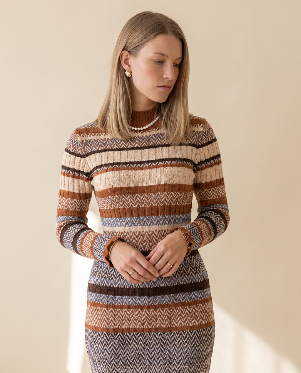 Colourblock Knit Dress — worn by a model against a pale sand studio backdrop