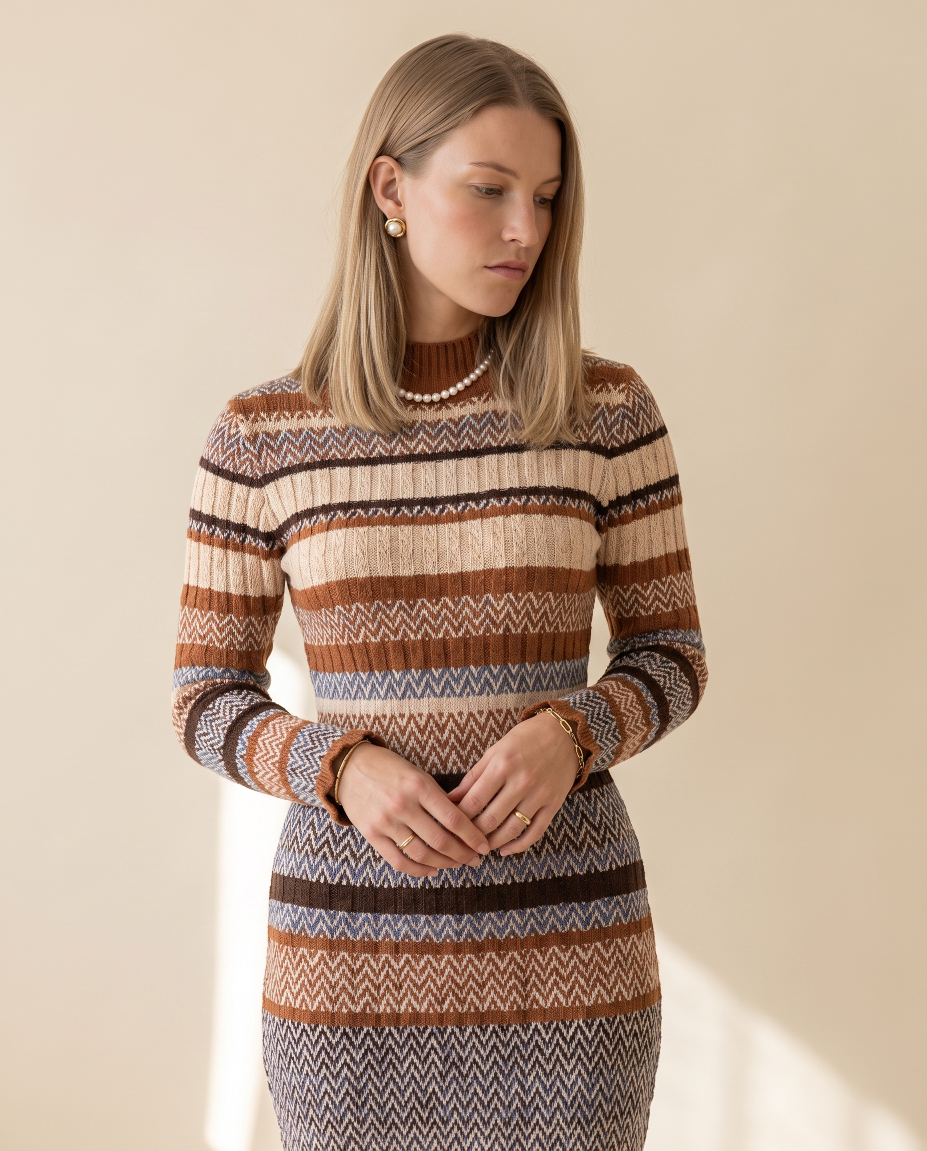 Colourblock Knit Dress — worn by a model against a pale sand studio backdrop
