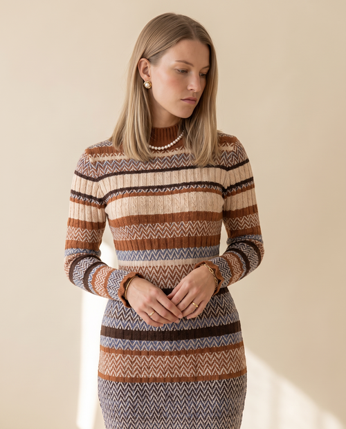 Colourblock Knit Dress — worn by a model against a pale sand studio backdrop