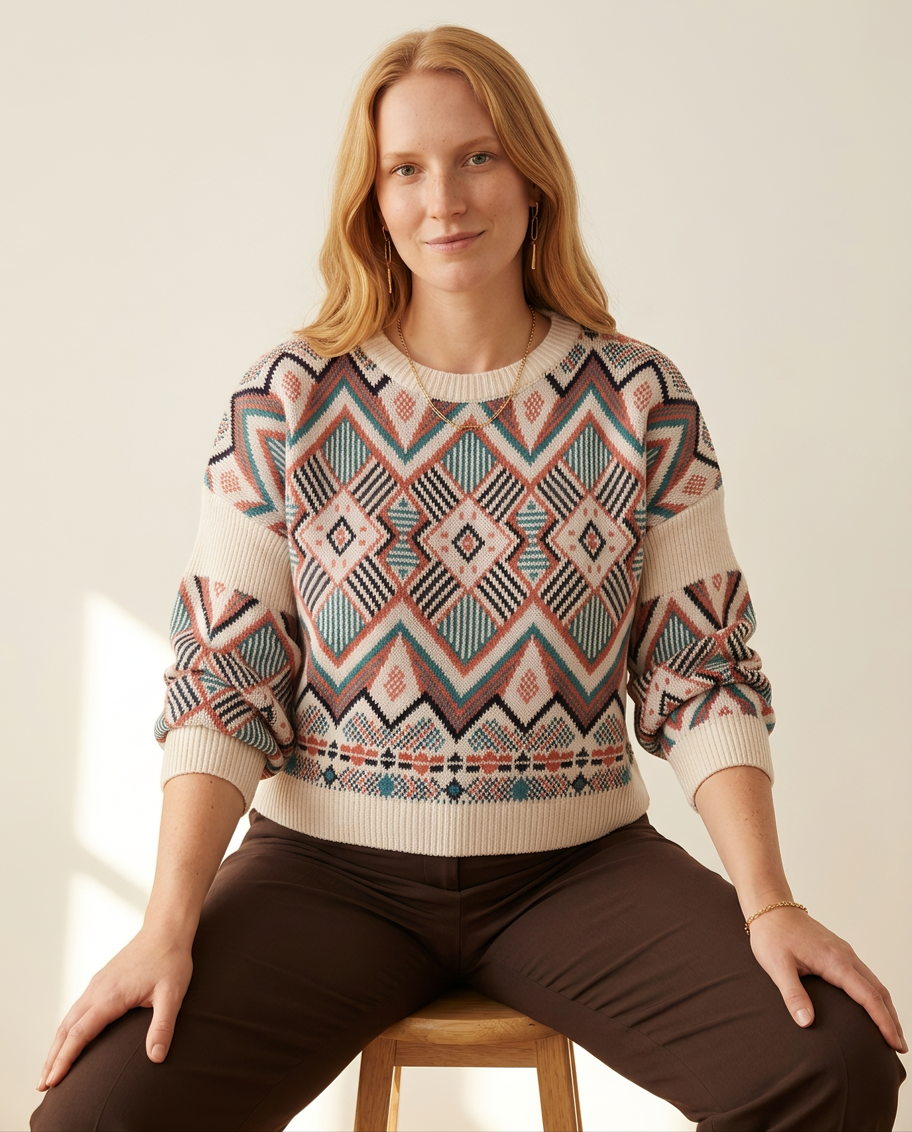 Diamond Jacquard Sweater — worn by a model against a warm off-white studio backdrop