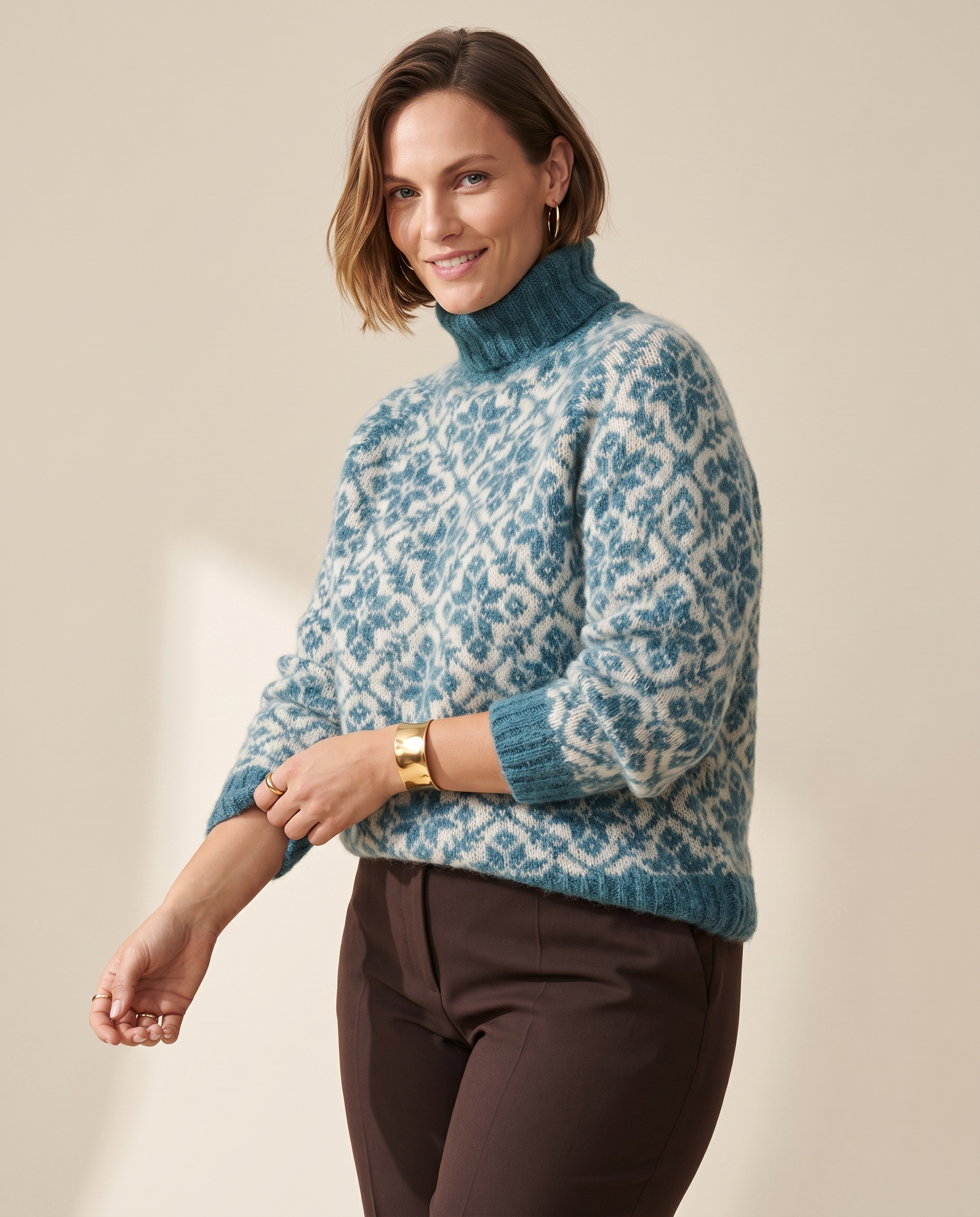 Damask Roll Neck — worn by a model against a pale sand studio backdrop