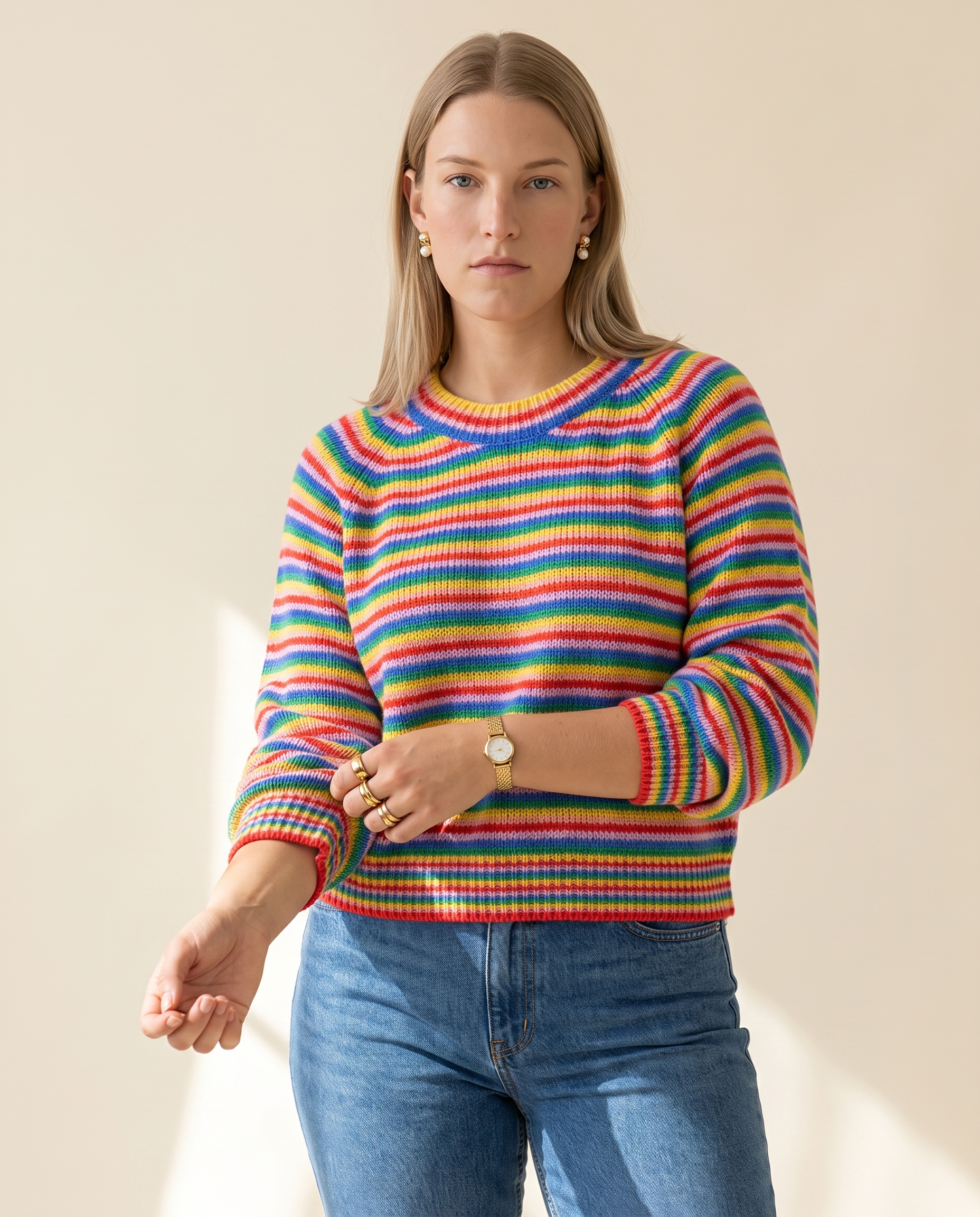 Rainbow Stripe Crewneck — worn by a model against a warm ivory studio backdrop