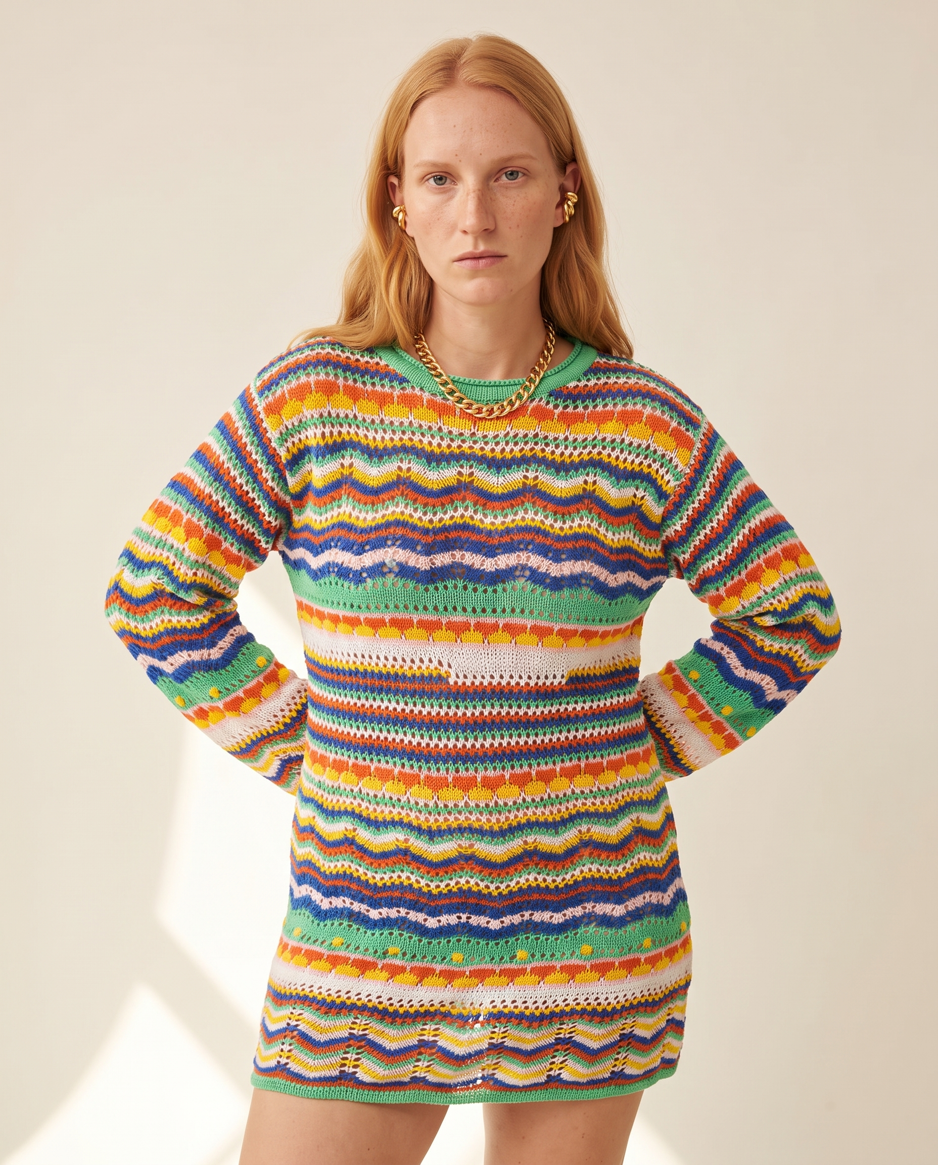 Rainbow Crochet Dress — worn by a model against a warm off-white studio backdrop