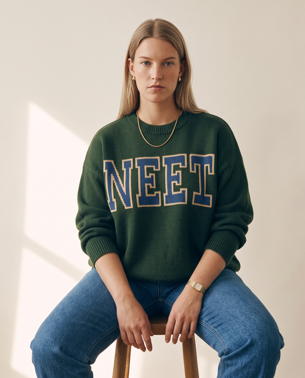 Varsity Knit Top — worn by a model against a warm off-white studio backdrop