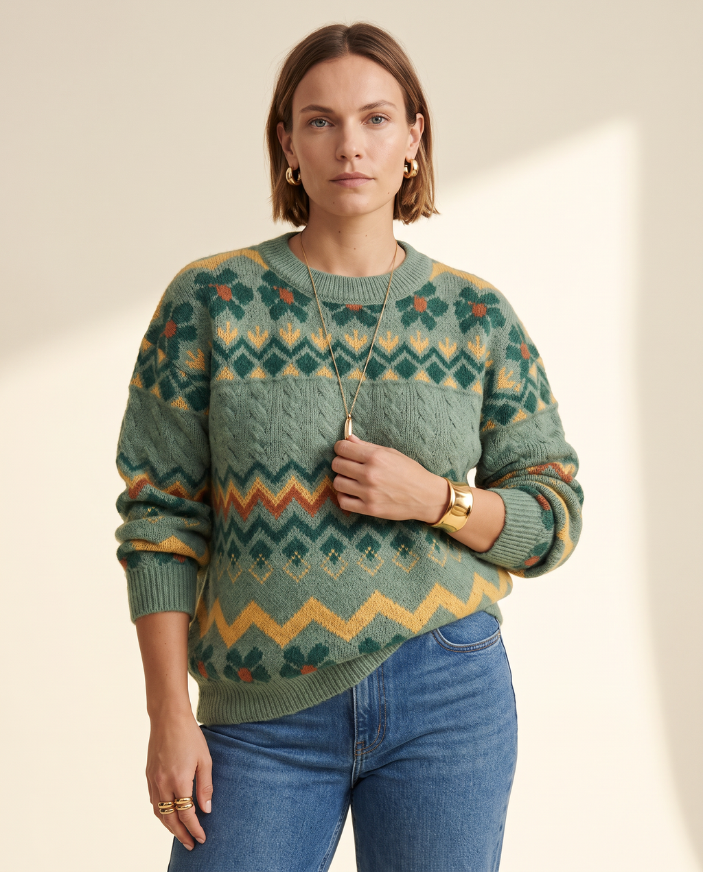 Zigzag Fair Isle Sweater — worn by a model against a warm ivory studio backdrop
