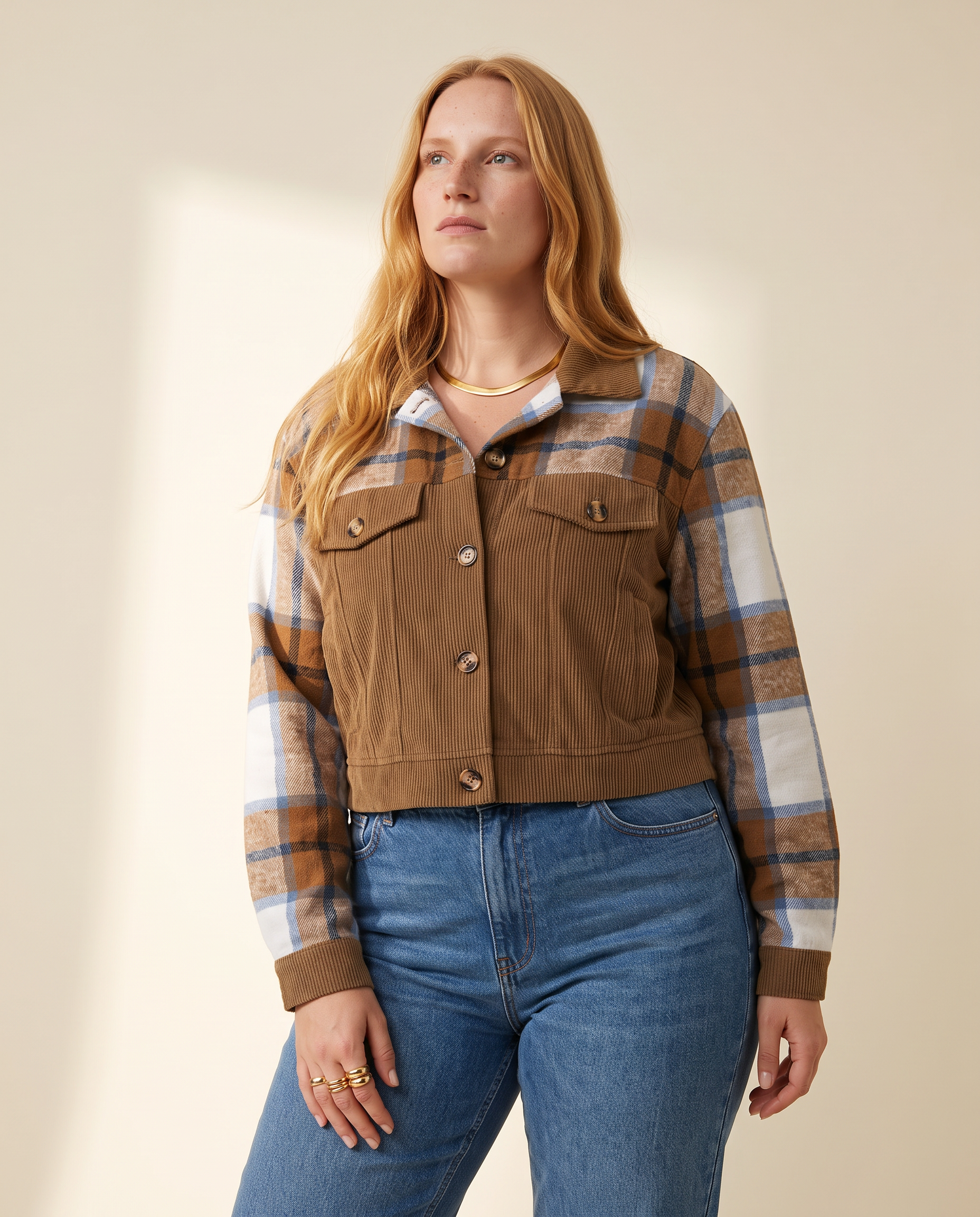 Corduroy Plaid Jacket — three-quarter view, on a warm ivory studio backdrop