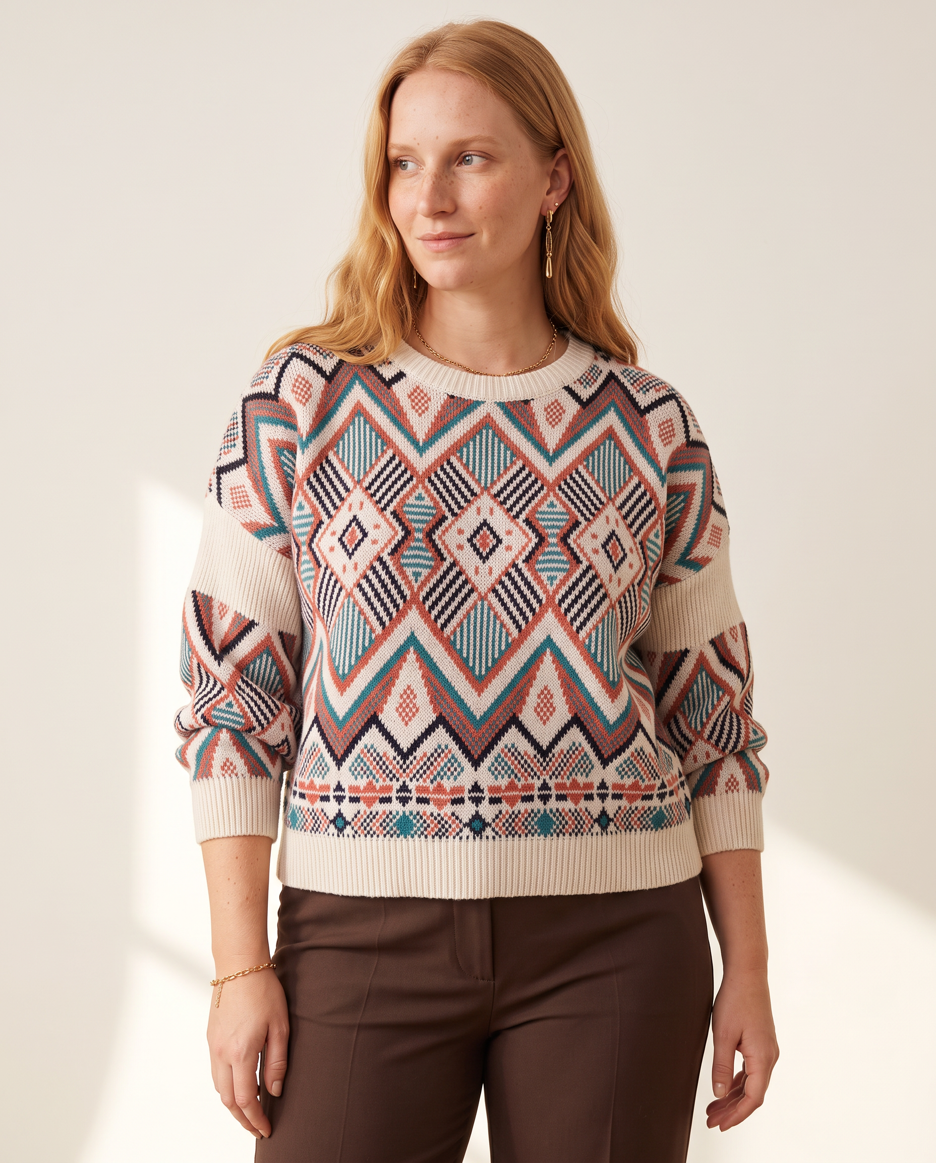 Diamond Jacquard Sweater — three-quarter view, on a warm off-white studio backdrop