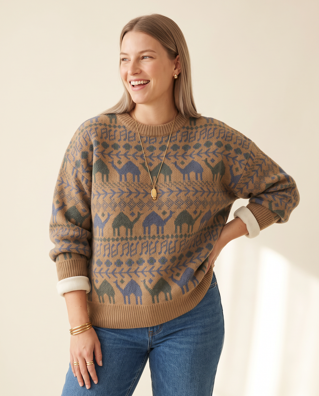 Everyday Crew Sweater — three-quarter view, on a warm ivory studio backdrop