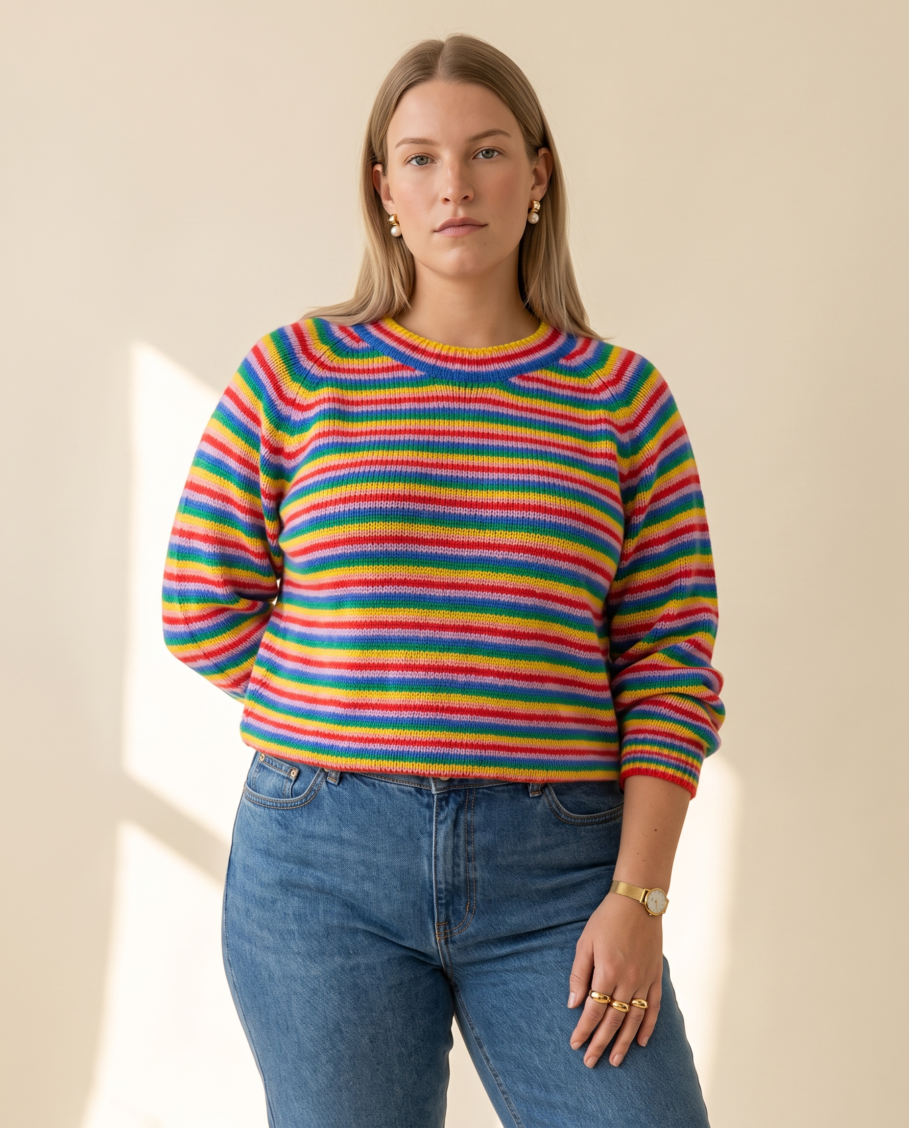 Rainbow Stripe Crewneck — three-quarter view, on a warm ivory studio backdrop