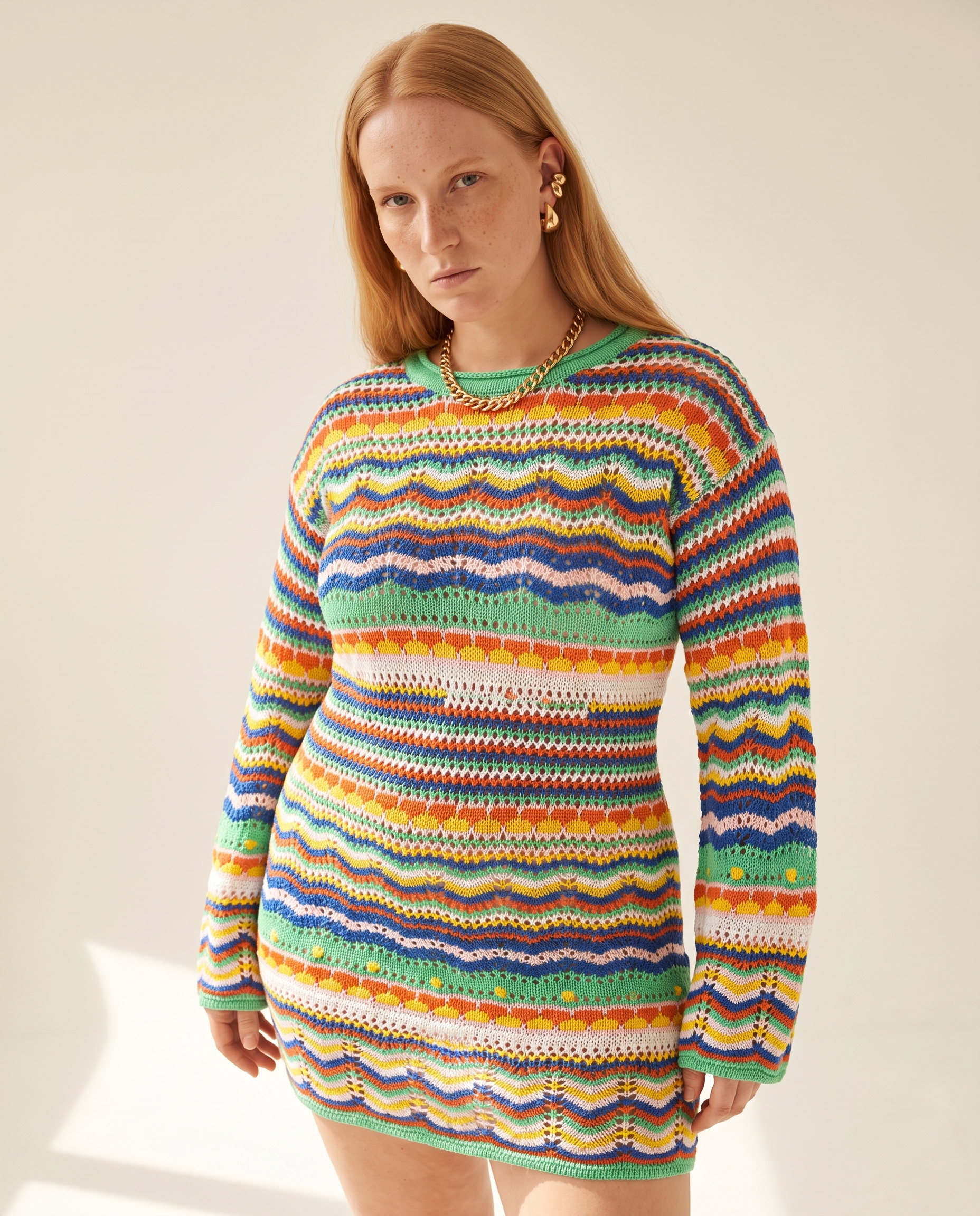 Rainbow Crochet Dress — three-quarter view, on a warm off-white studio backdrop