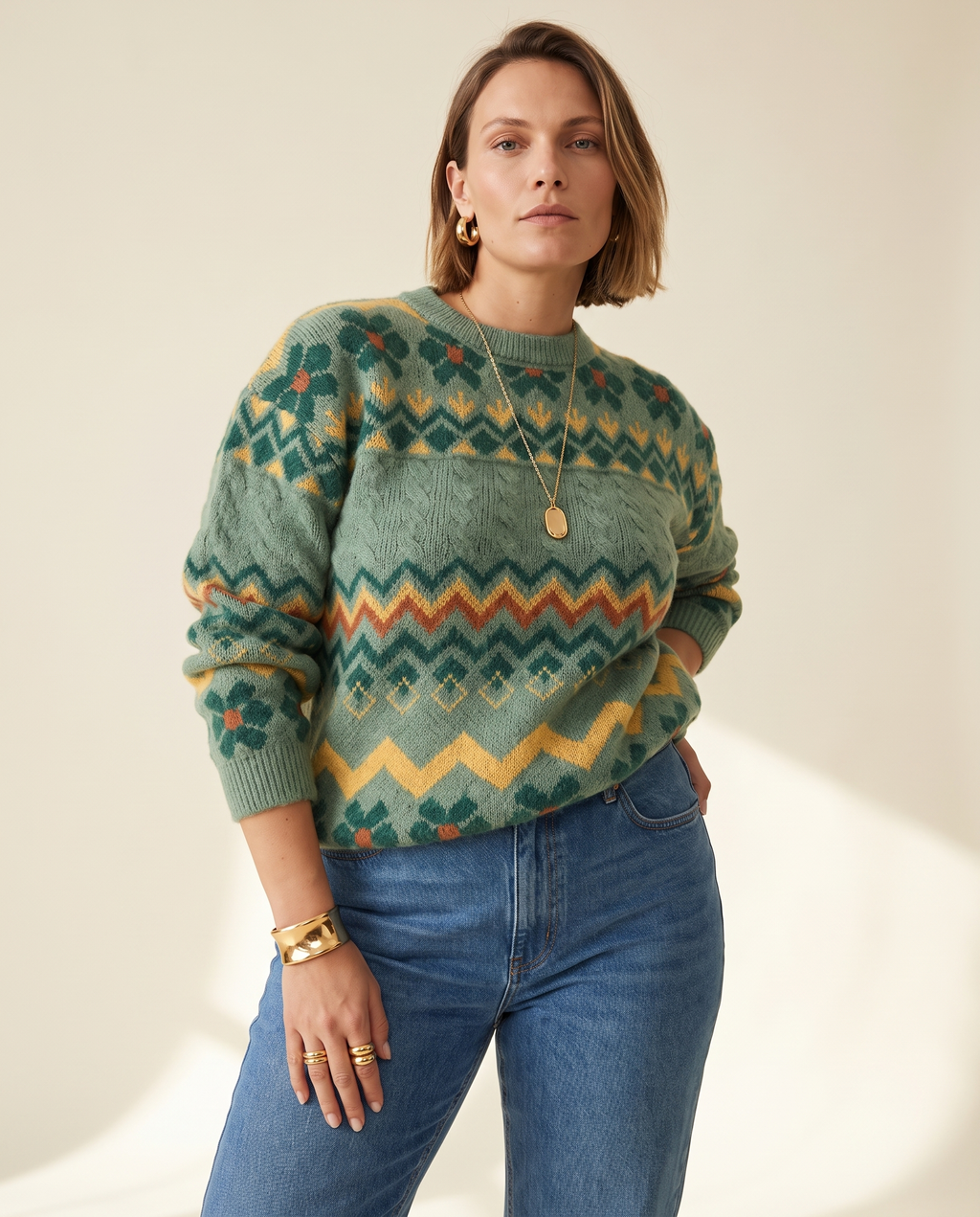 Zigzag Fair Isle Sweater — three-quarter view, on a warm ivory studio backdrop