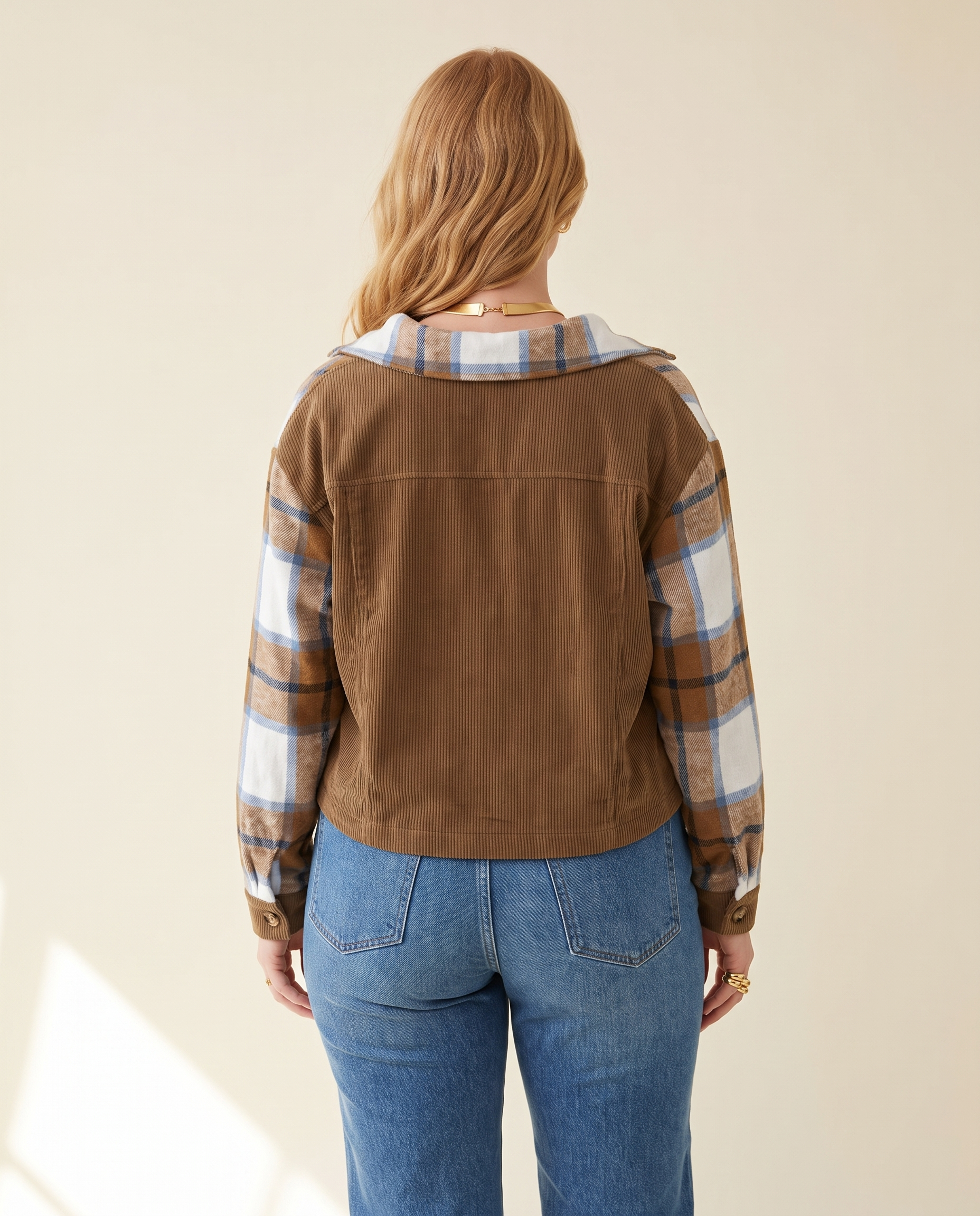 Corduroy Plaid Jacket — back view, on a warm ivory studio backdrop