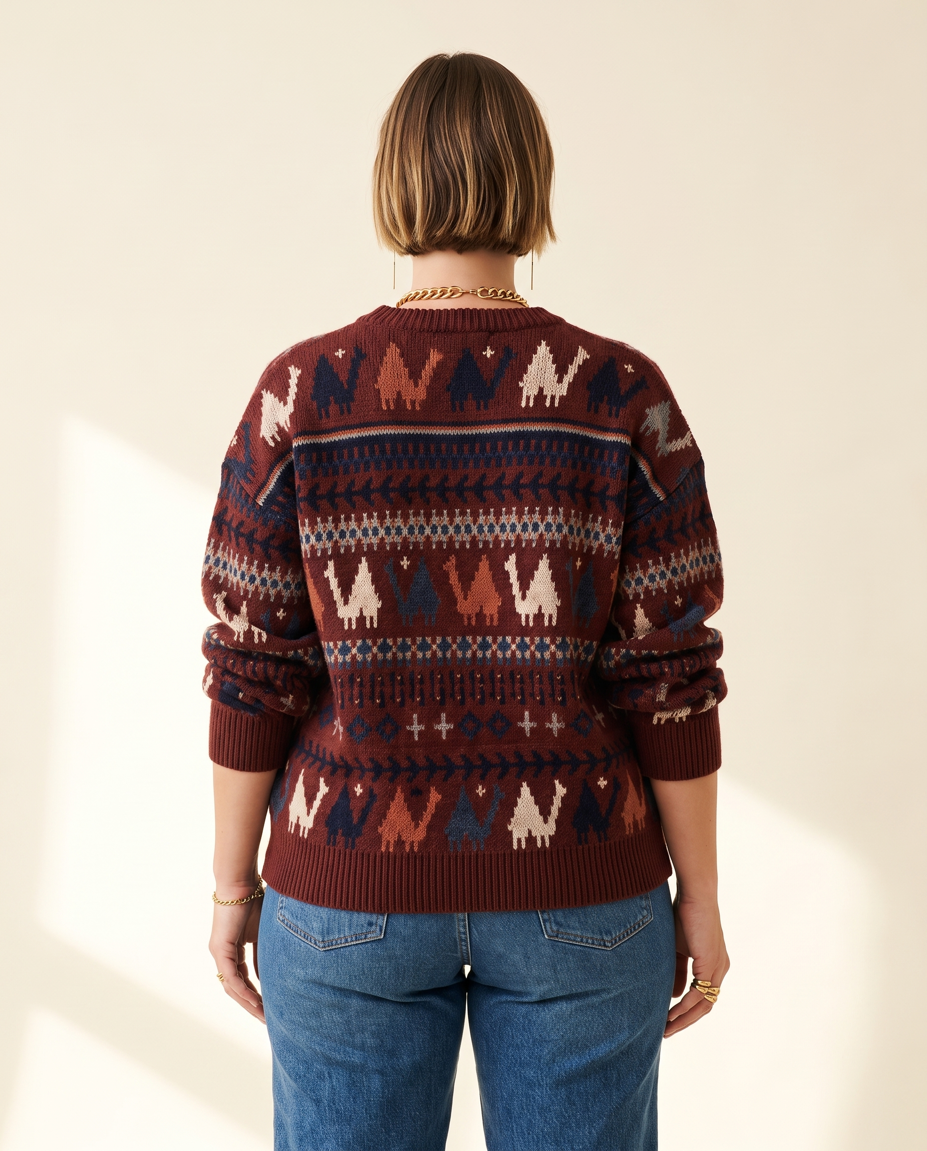 Folk Pattern Sweater — back view, on a warm ivory studio backdrop