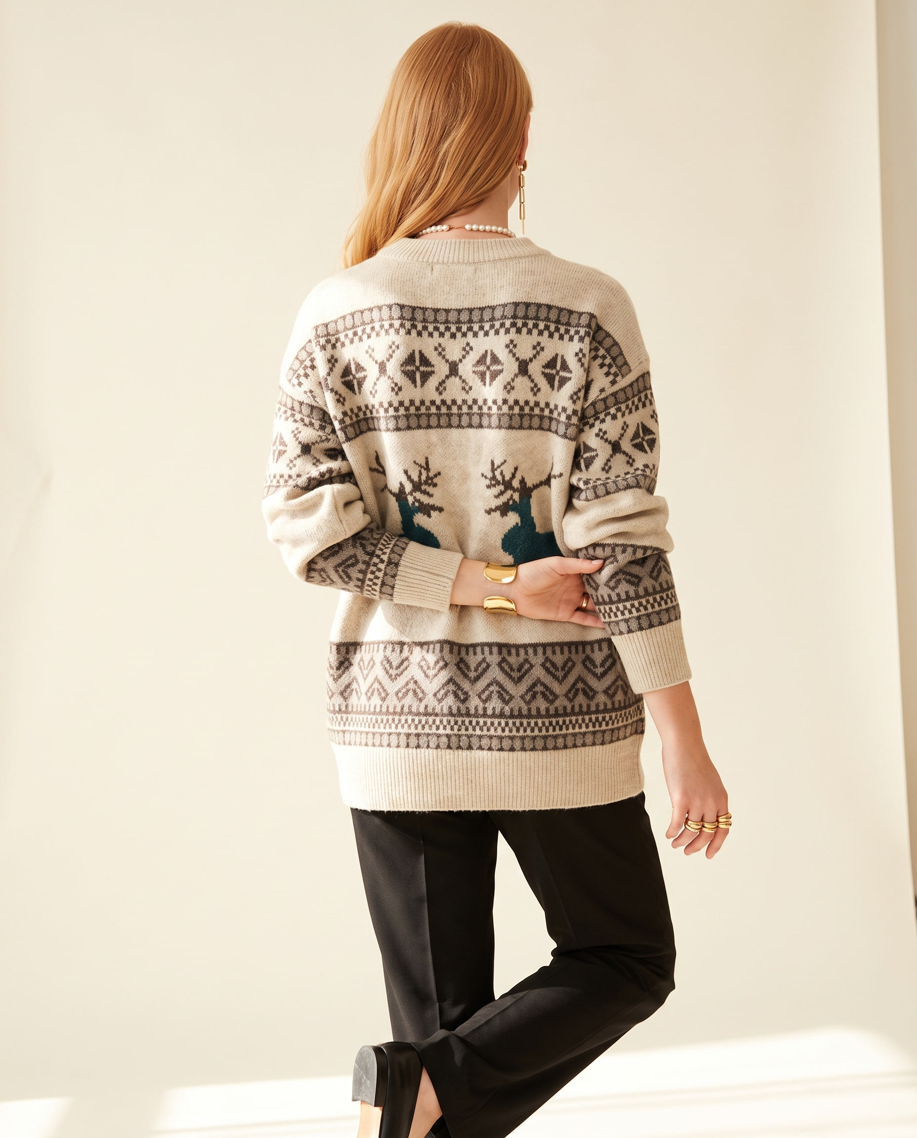 Layered Collar Knit — back view, on a warm ivory studio backdrop