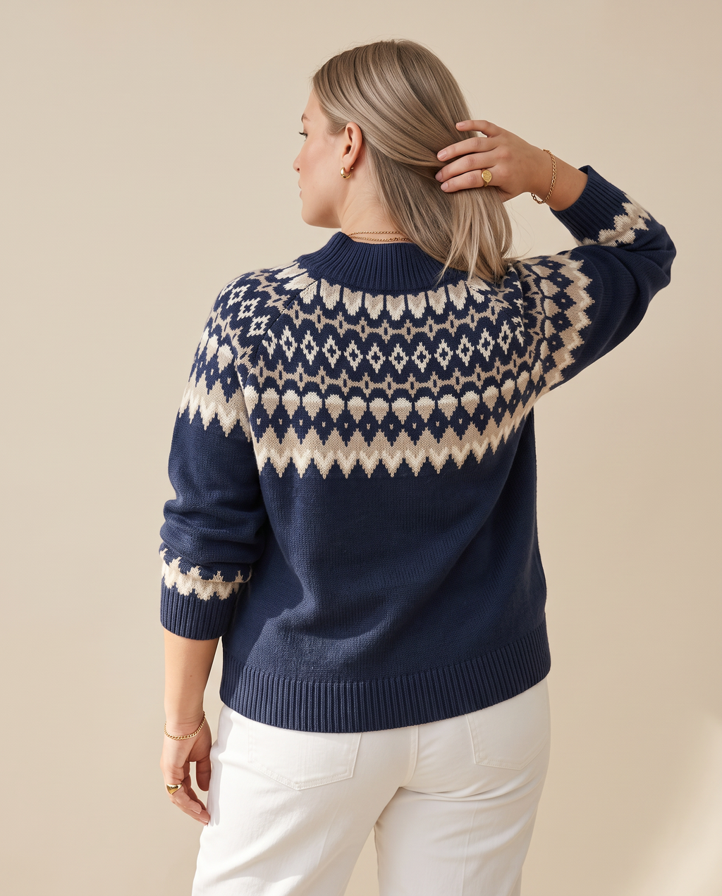 Nordic Diamond Sweater — back view, on a soft oat-beige studio backdrop