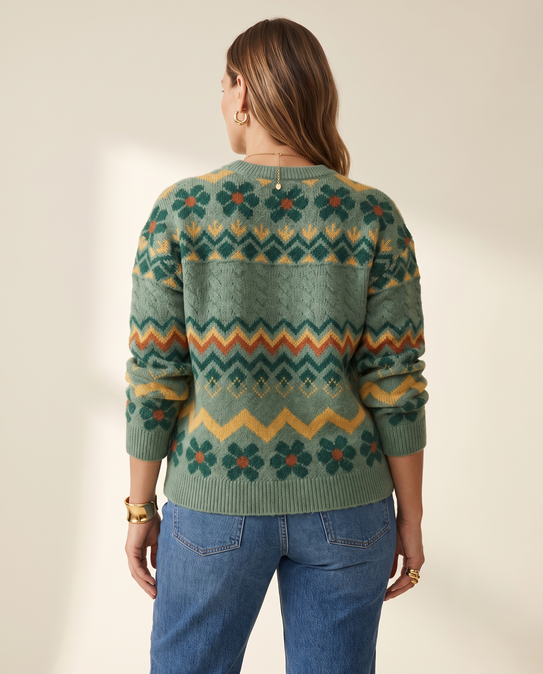 Zigzag Fair Isle Sweater — back view, on a warm ivory studio backdrop