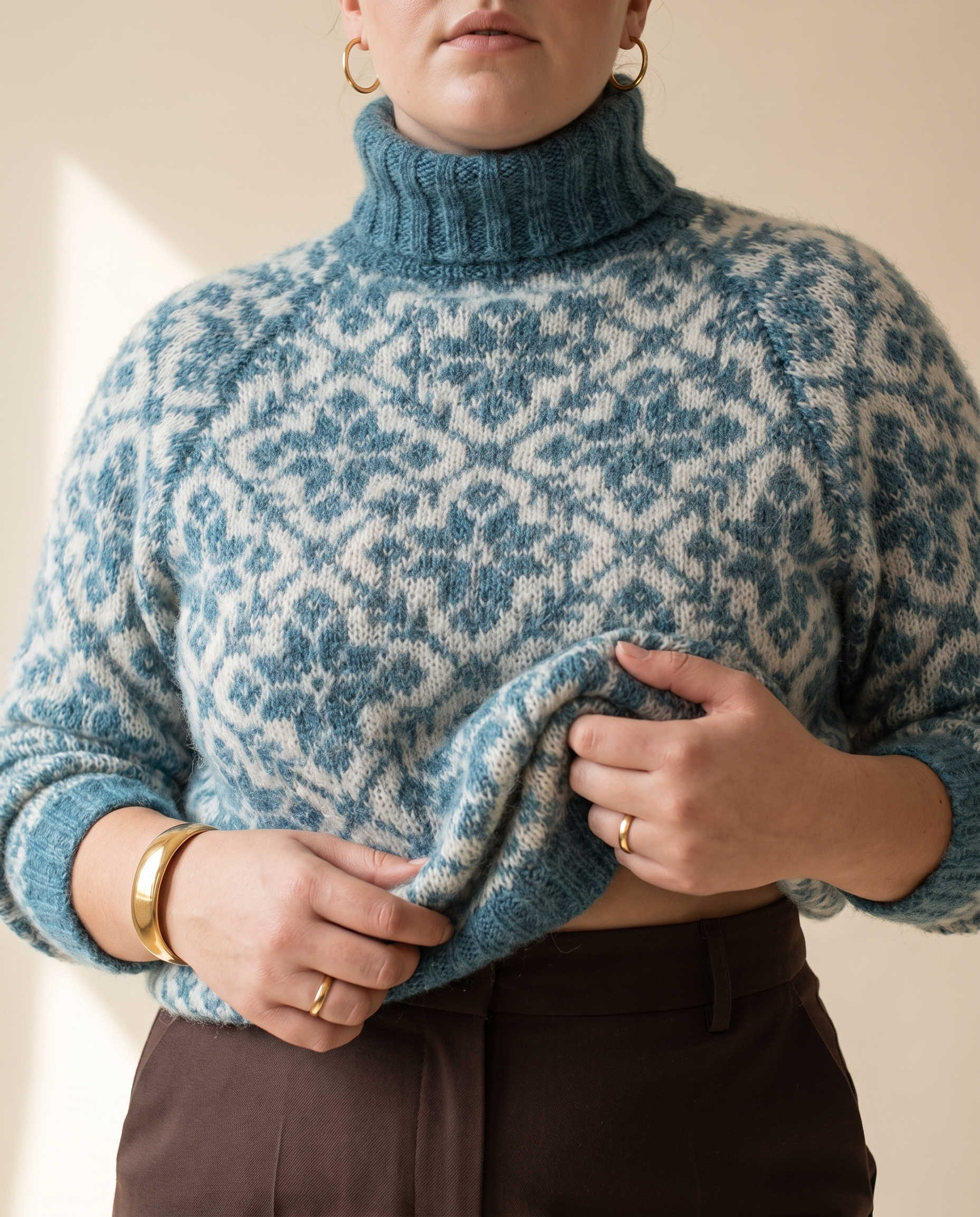 Damask Roll Neck — knit detail, on a pale sand studio backdrop