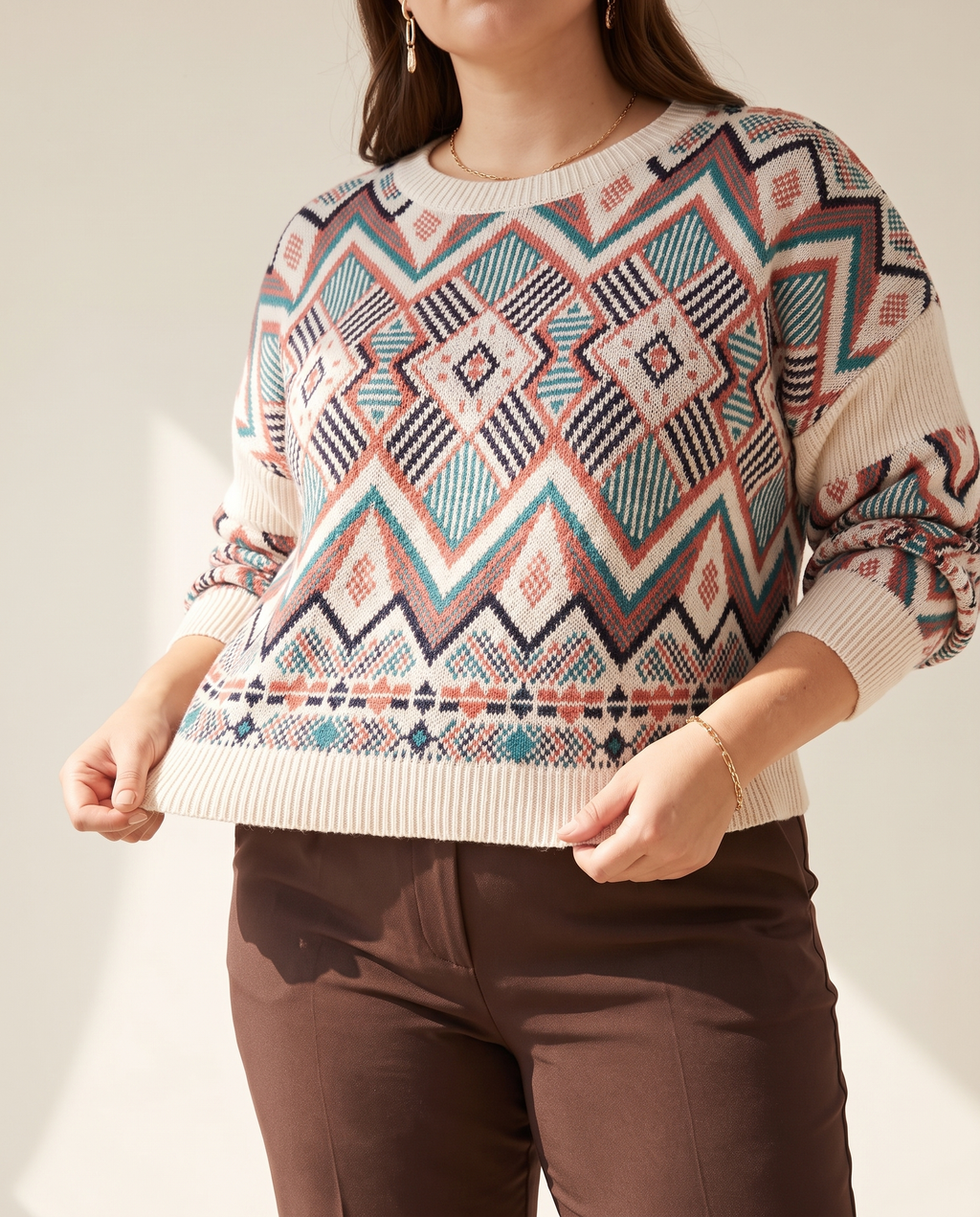 Diamond Jacquard Sweater — knit detail, on a warm off-white studio backdrop