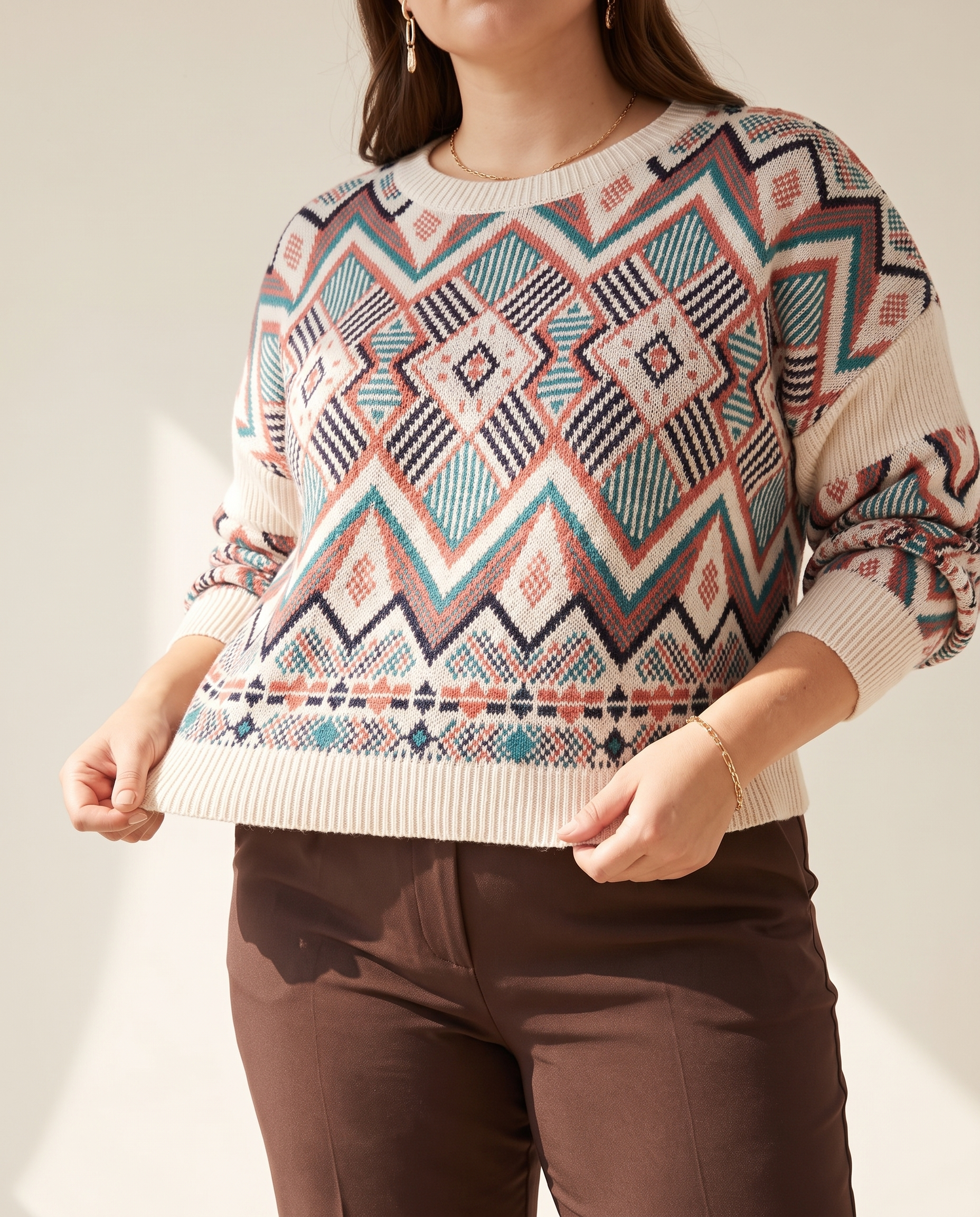 Diamond Jacquard Sweater — knit detail, on a warm off-white studio backdrop