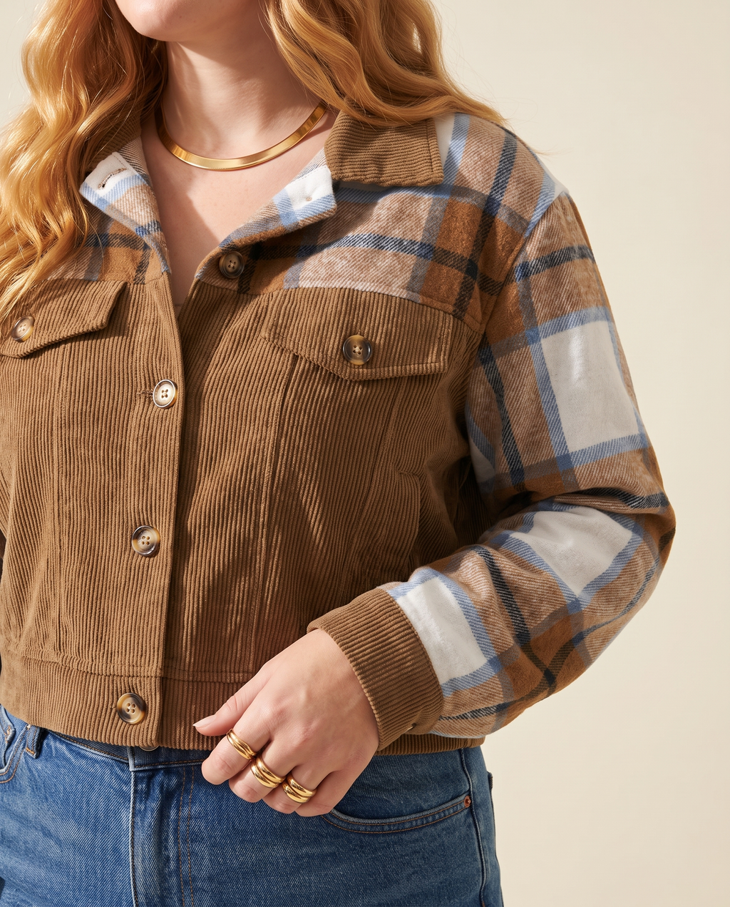 Corduroy Plaid Jacket — knit detail, on a warm ivory studio backdrop