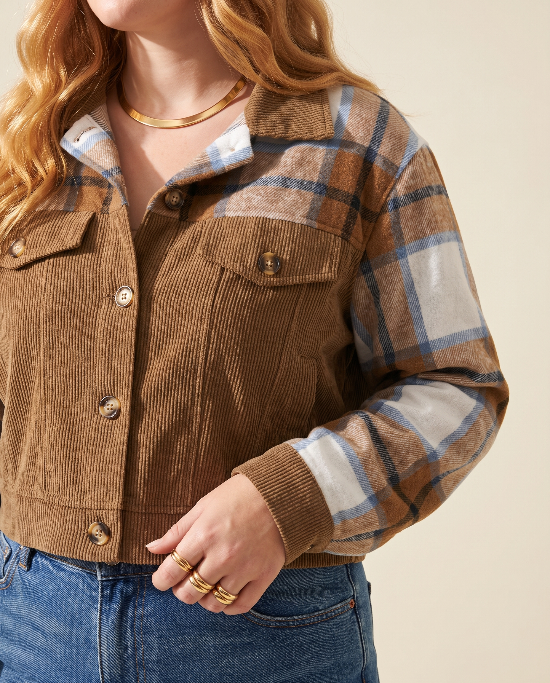 Corduroy Plaid Jacket — knit detail, on a warm ivory studio backdrop