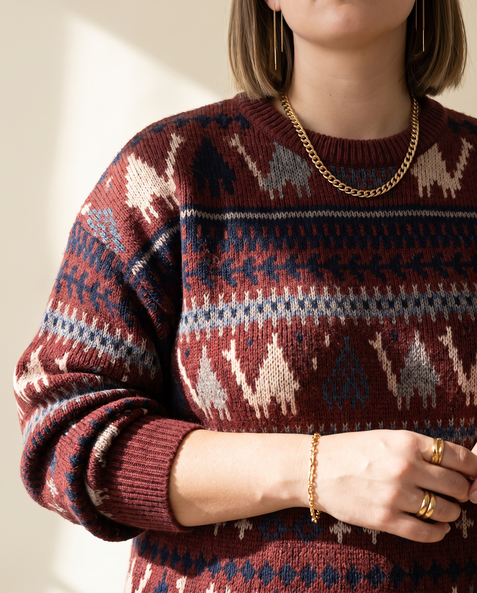 Folk Pattern Sweater — knit detail, on a warm ivory studio backdrop