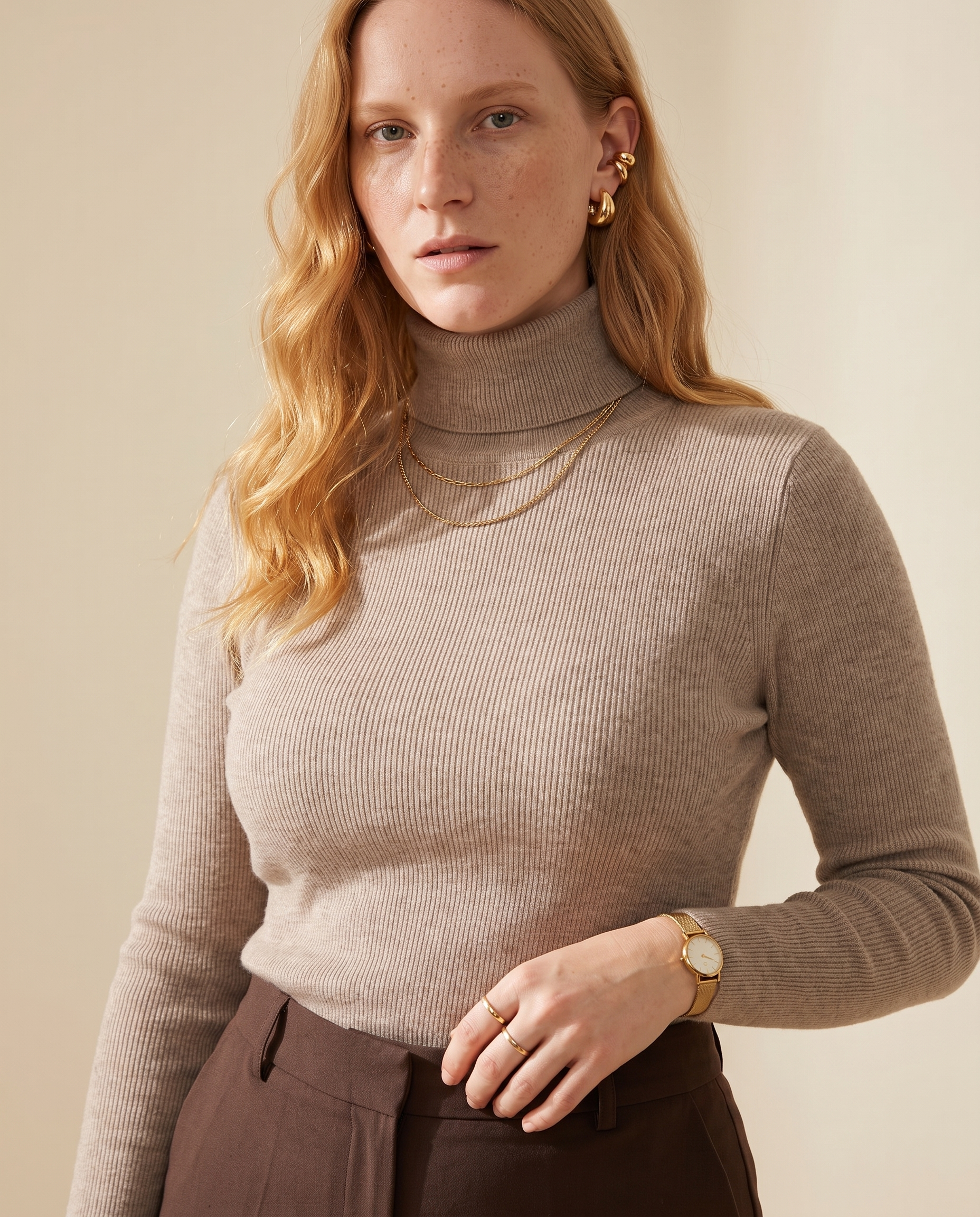 Fine Rib Roll Neck — knit detail, on a pale sand studio backdrop