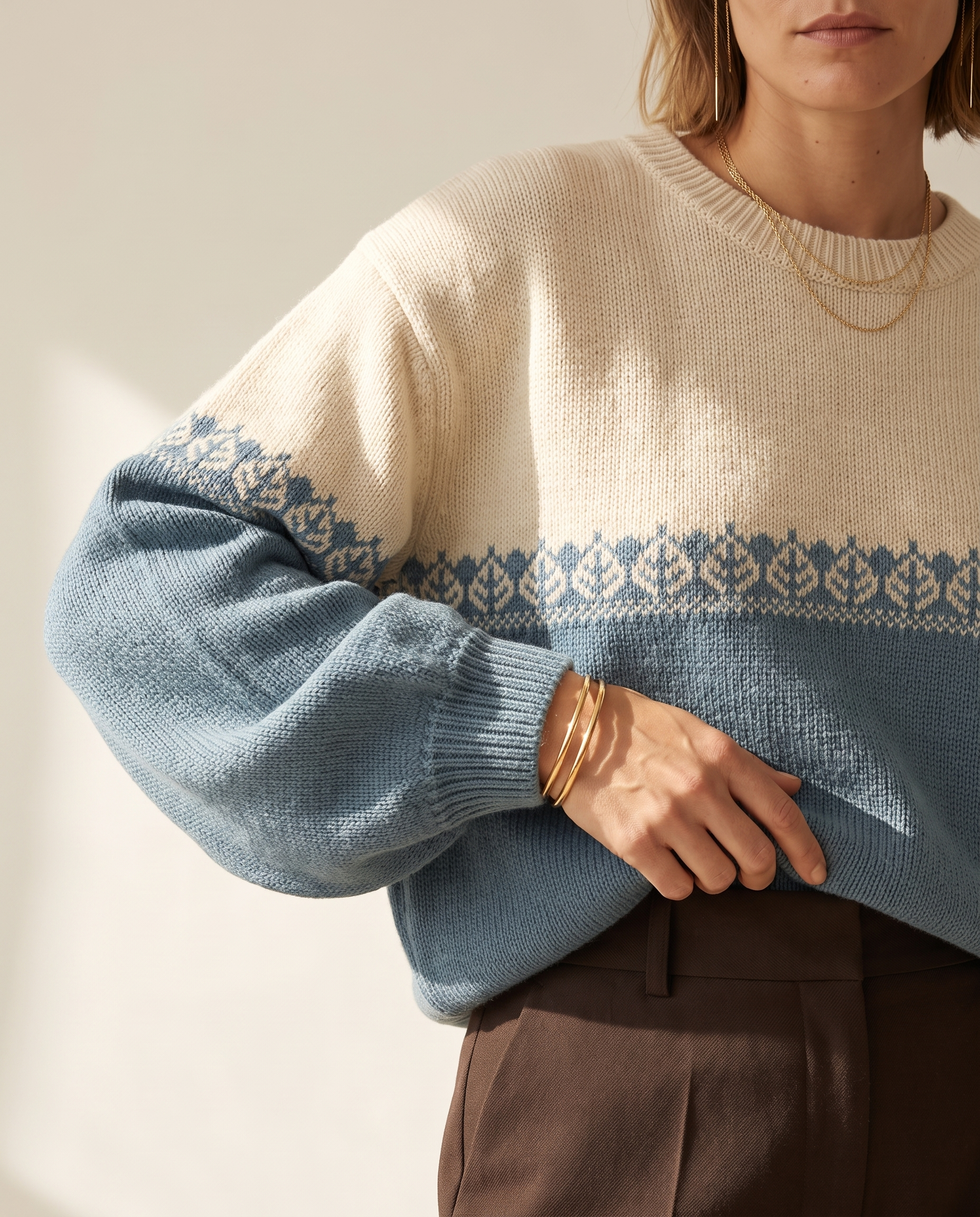 Colourblock Nordic Sweater — knit detail, on a warm off-white studio backdrop