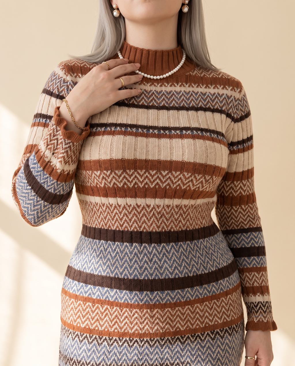 Colourblock Knit Dress — knit detail, on a pale sand studio backdrop