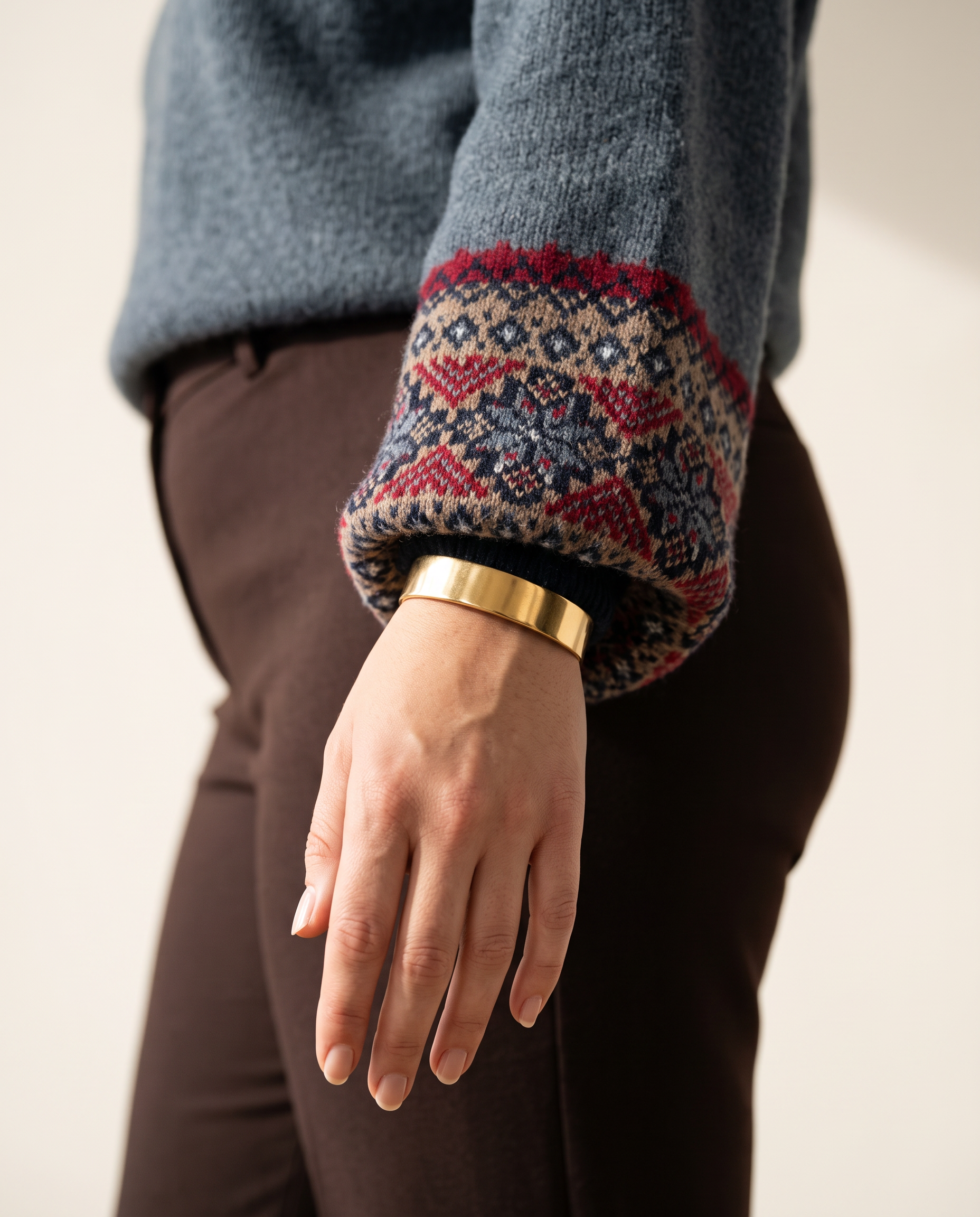 Folk Fair Isle Sweater — knit detail, on a warm off-white studio backdrop
