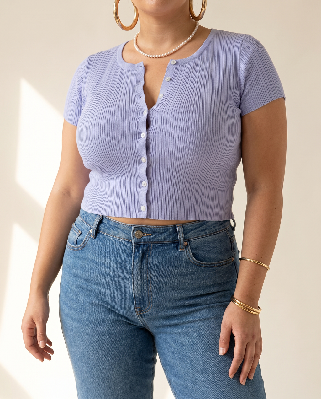 Ribbed Button Top — knit detail, on a warm off-white studio backdrop