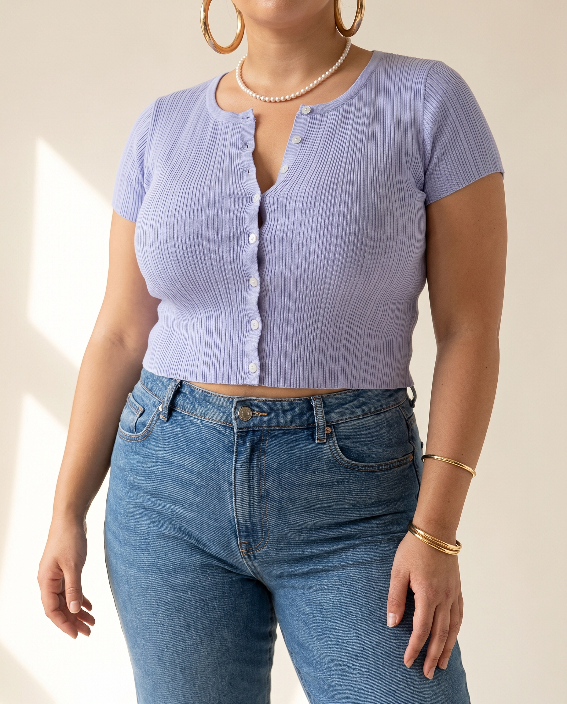 Ribbed Button Top — knit detail, on a warm off-white studio backdrop