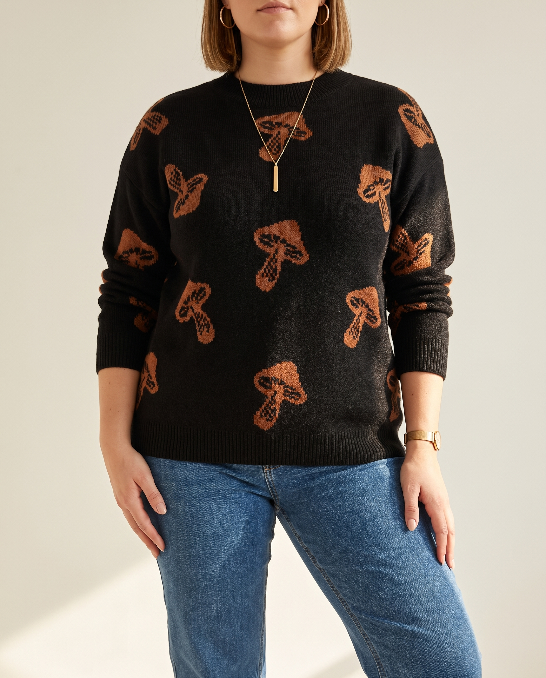 Jacquard Pullover — knit detail, on a warm off-white studio backdrop