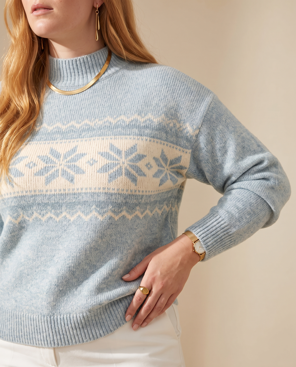 Snowdrift Half-Neck Sweater — knit detail, on a soft oat-beige studio backdrop