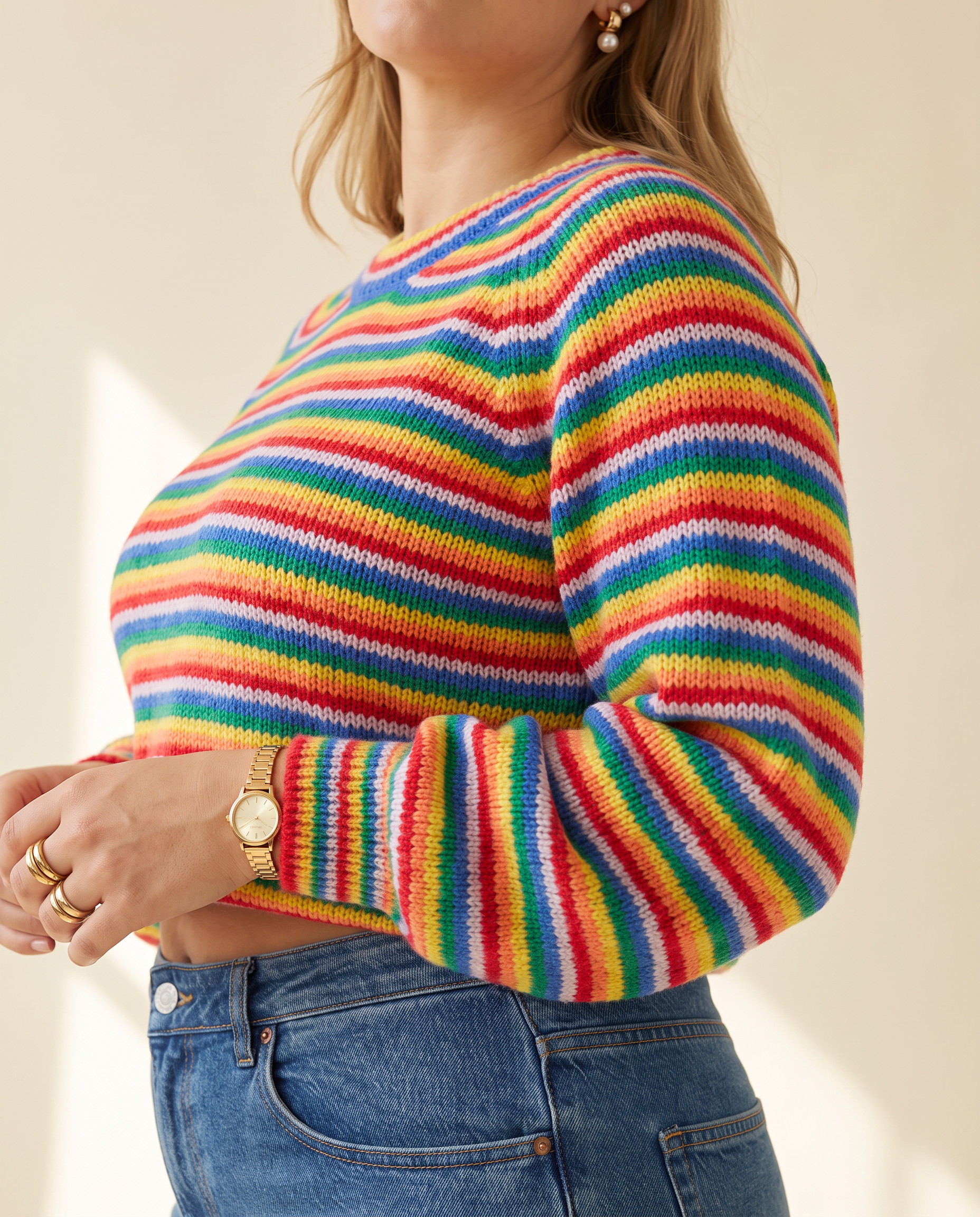 Rainbow Stripe Crewneck — knit detail, on a warm ivory studio backdrop