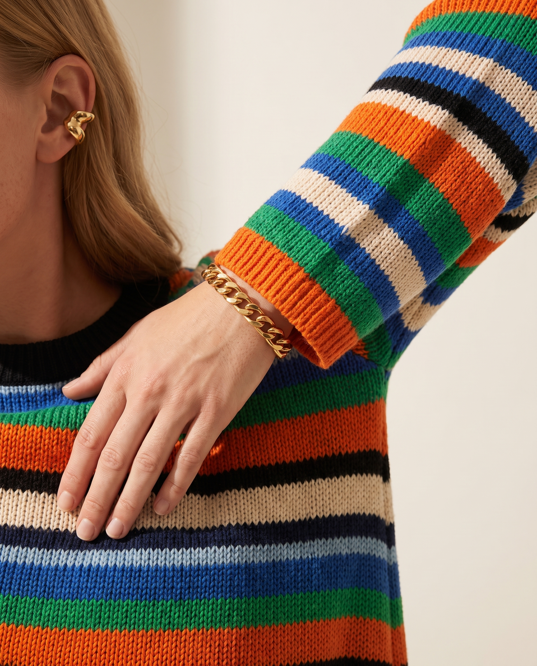 Rainbow Crochet Dress — knit detail, on a warm off-white studio backdrop