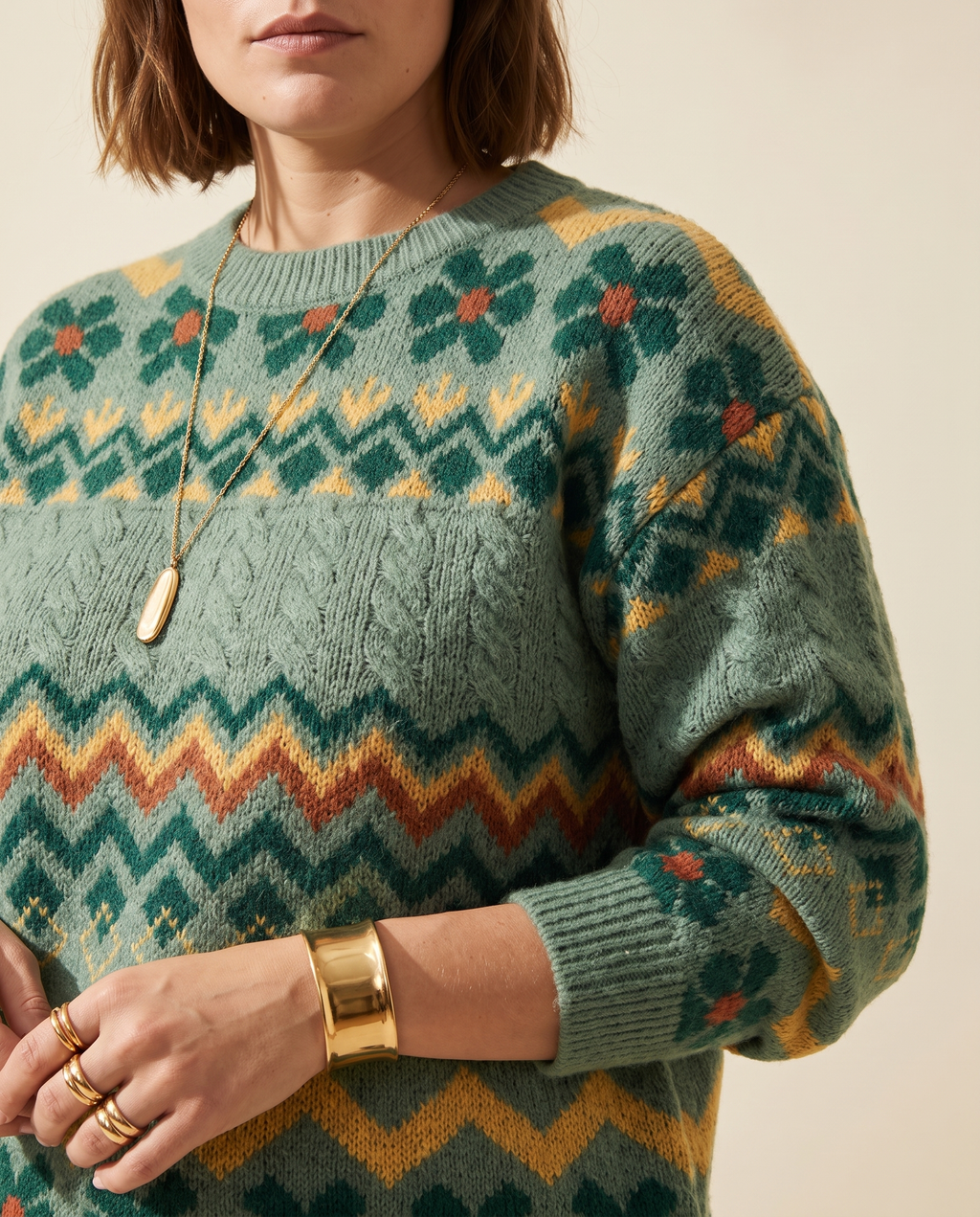 Zigzag Fair Isle Sweater — knit detail, on a warm ivory studio backdrop