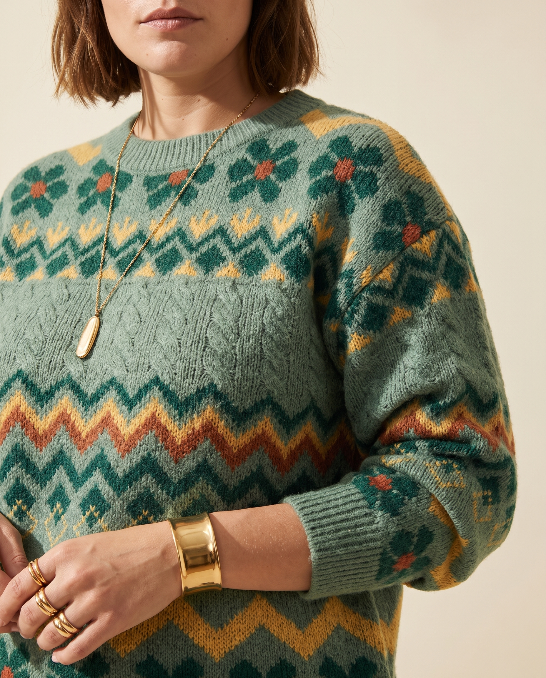 Zigzag Fair Isle Sweater — knit detail, on a warm ivory studio backdrop