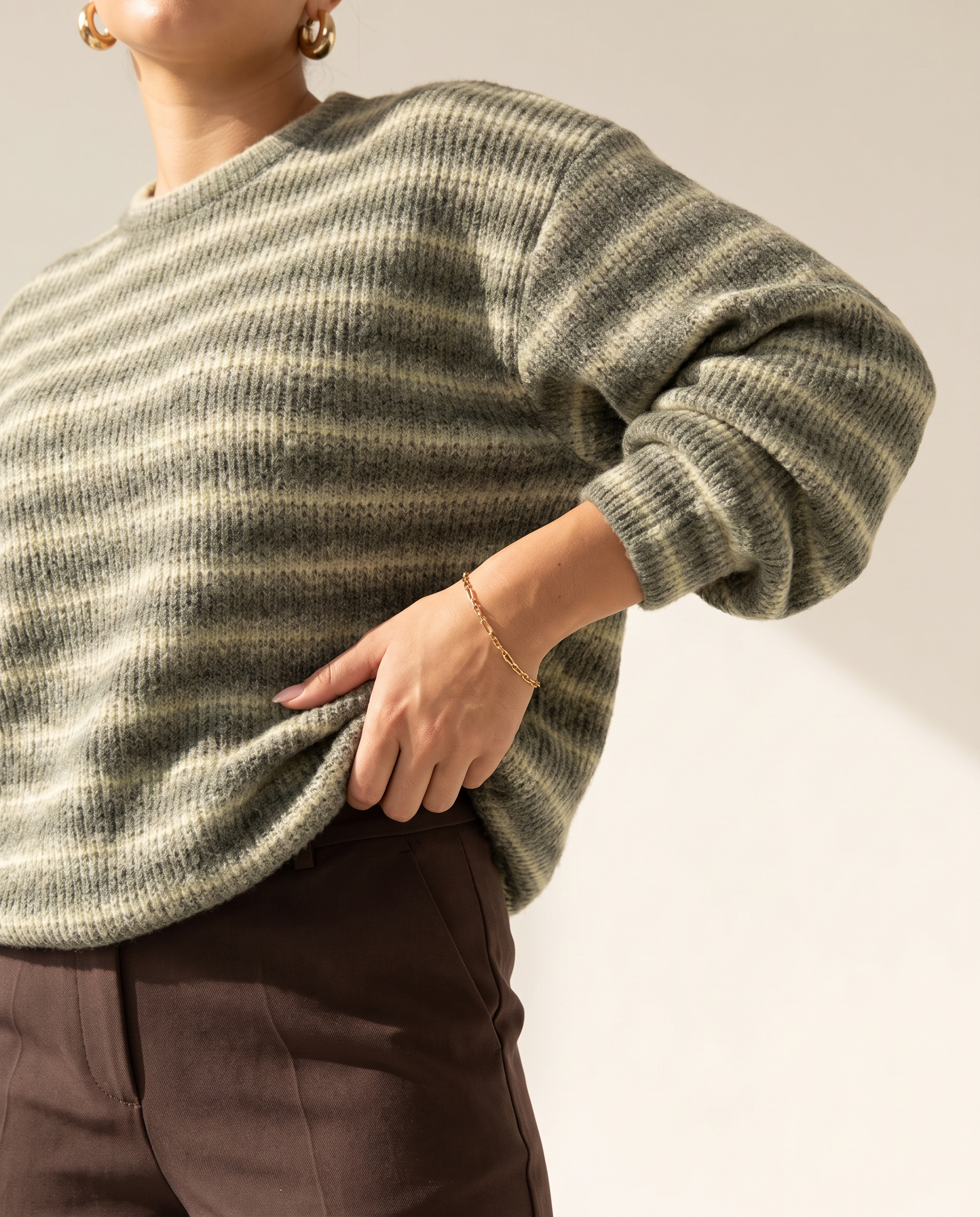 Soft Stripe Crewneck — knit detail, on a warm off-white studio backdrop