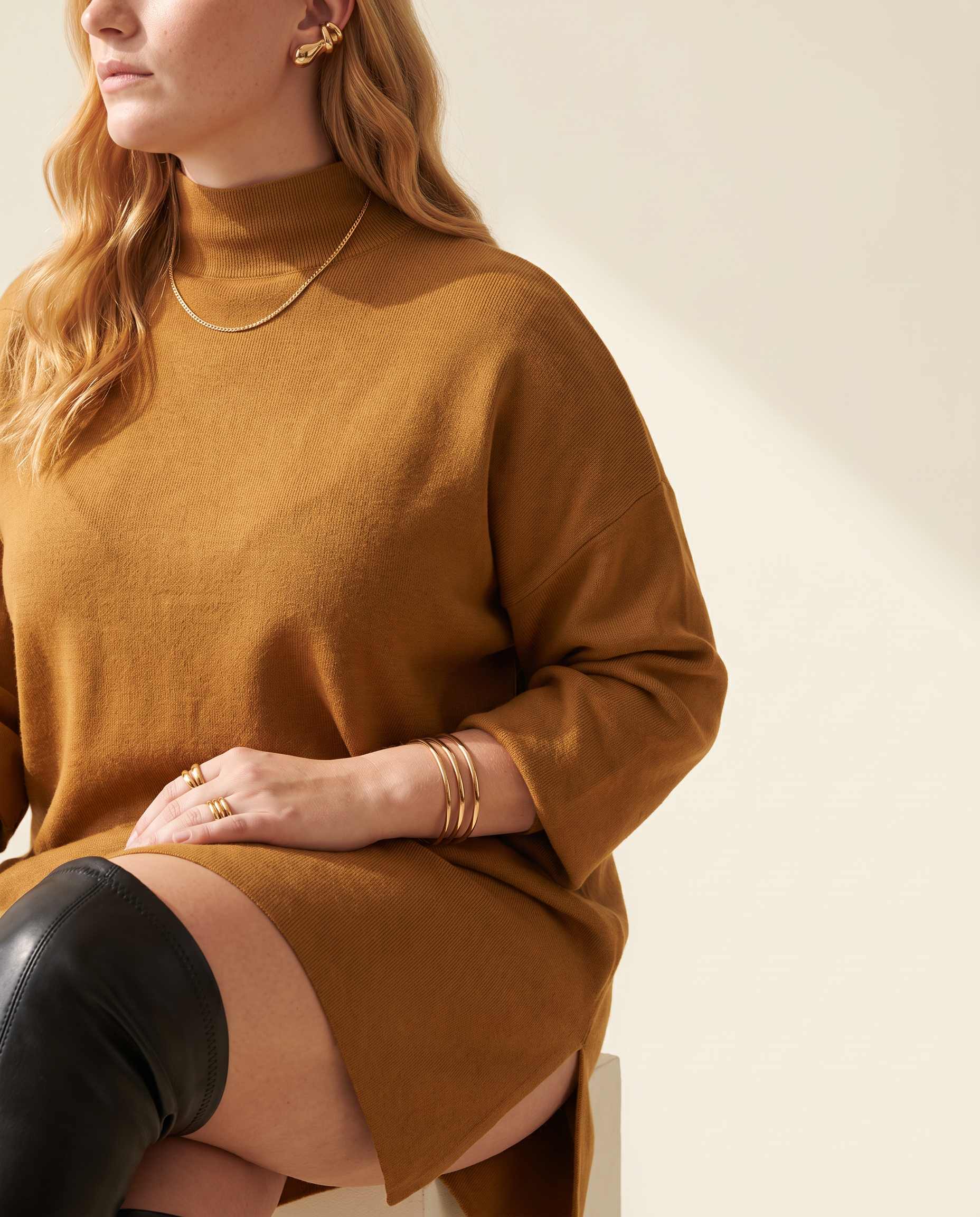 Split Hem Turtleneck Dress — knit detail, on a warm ivory studio backdrop