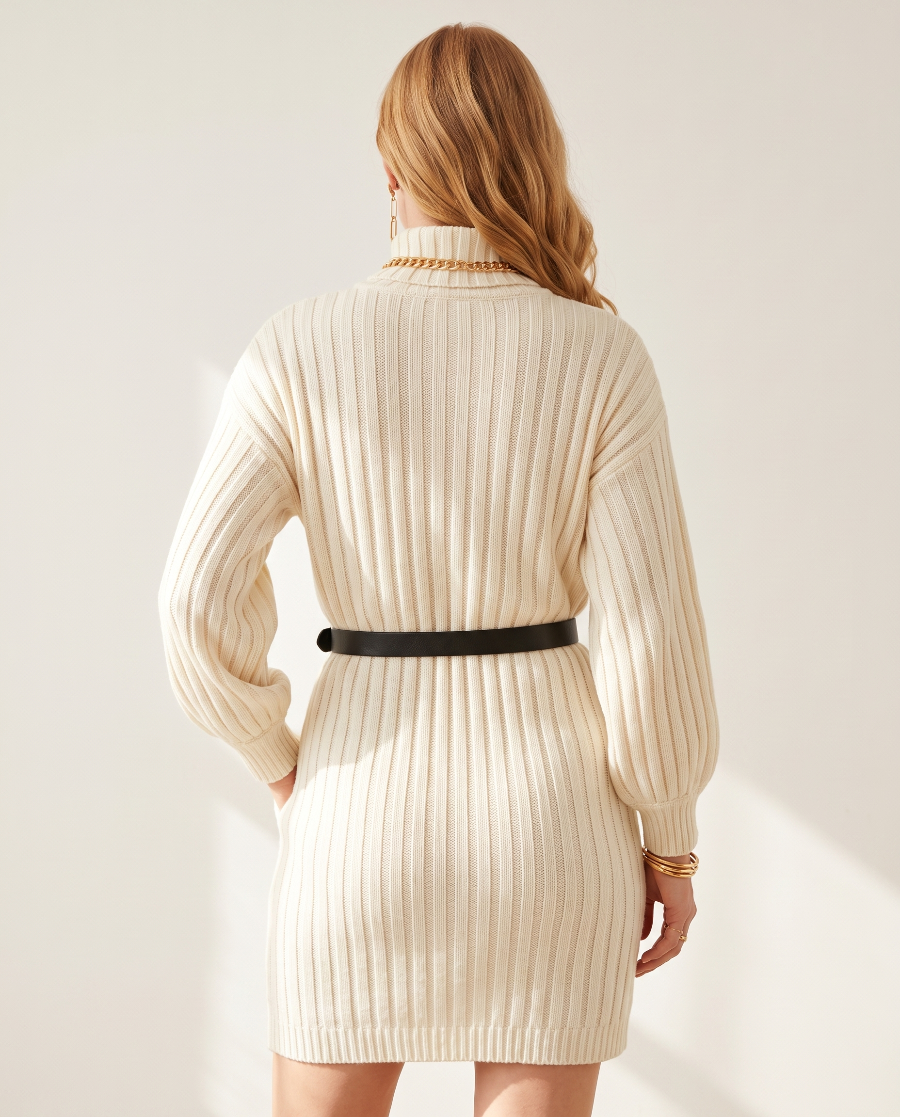 Belted Rib Knit Dress — back view, on a soft off-white studio backdrop