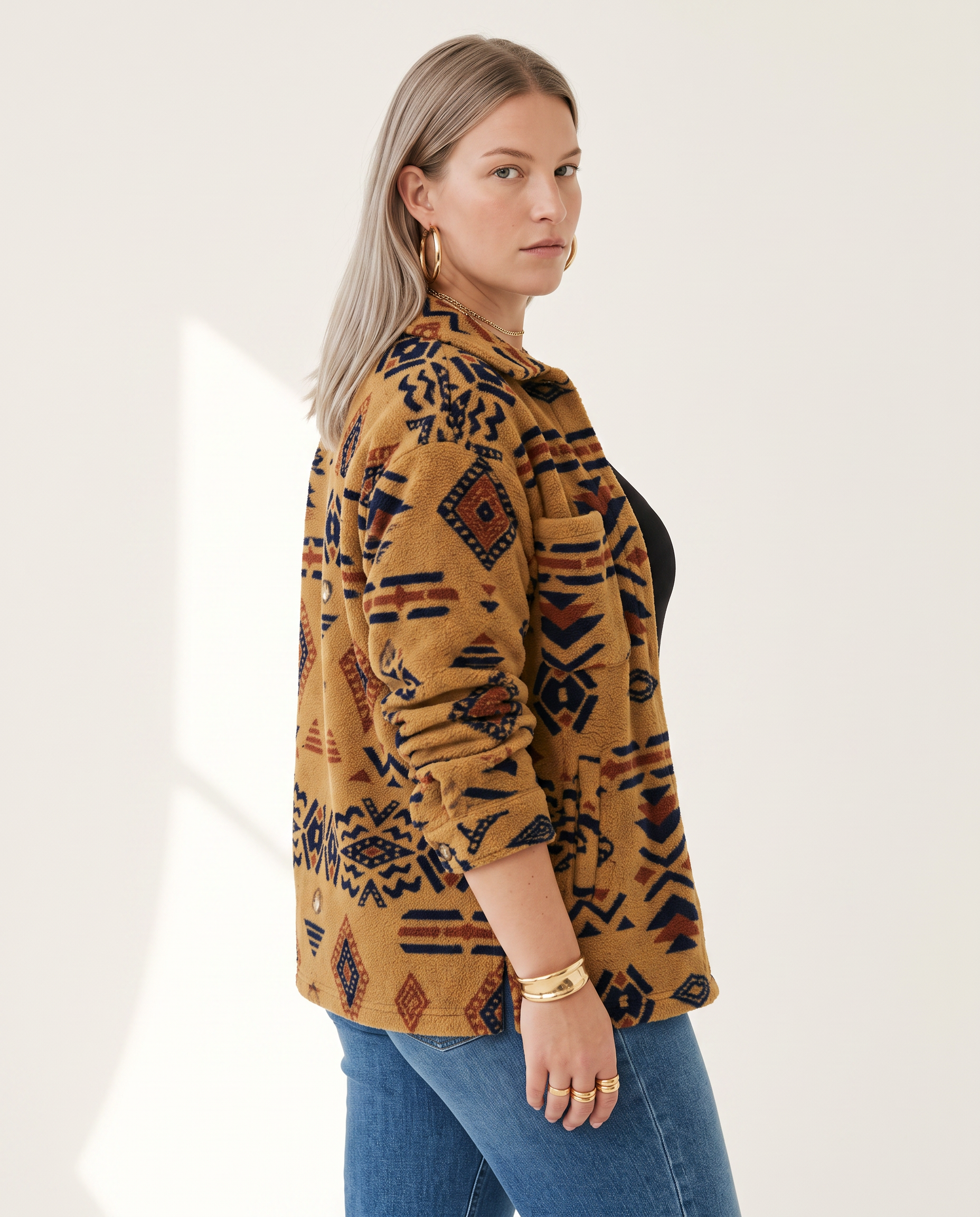 Aztec Shirt Jacket — three-quarter view, on a soft off-white studio backdrop